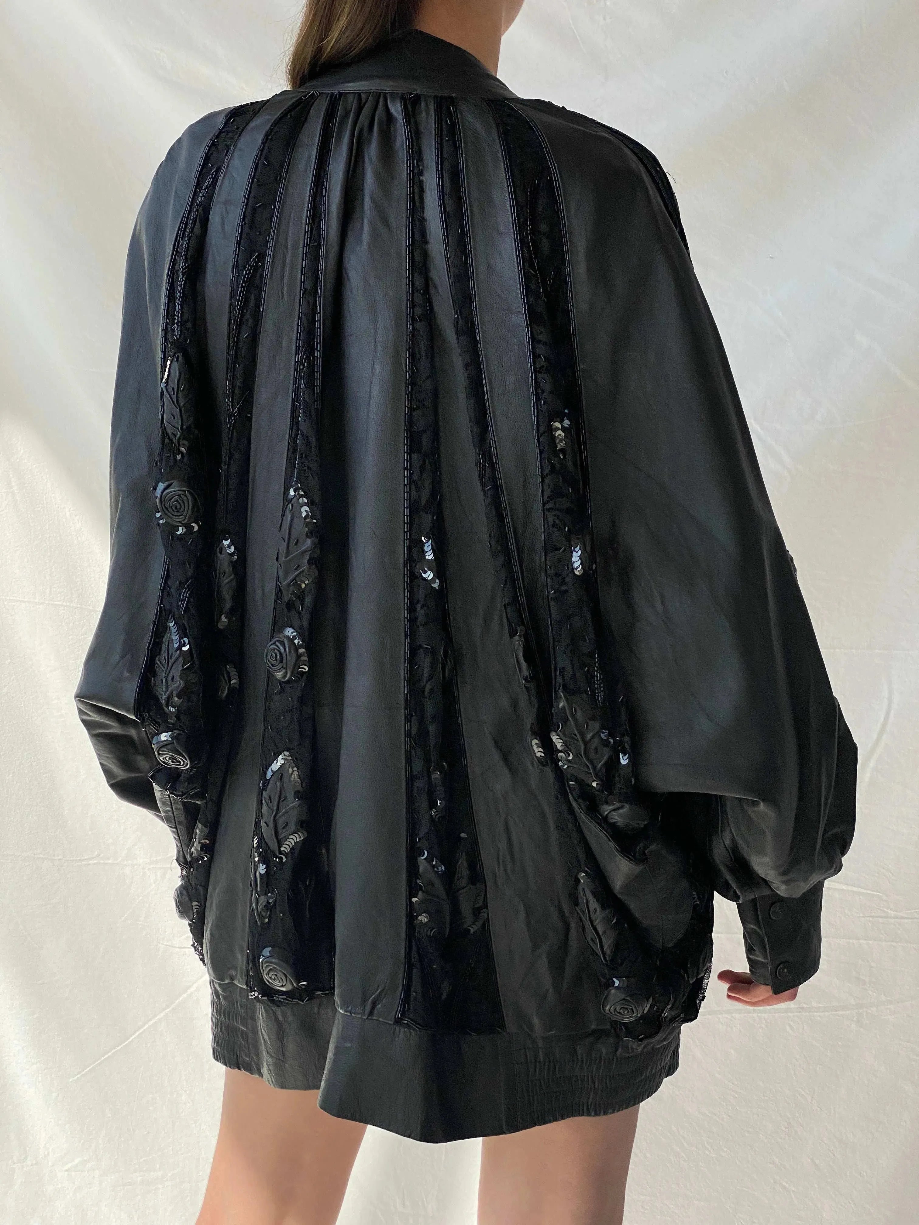 Statement Vintage 80s Black Leather Beaded Bomber Jacket - XL - Balagan Vintage Leather Jacket 90s, brown leather, genuine leather jacket, Mira, winter