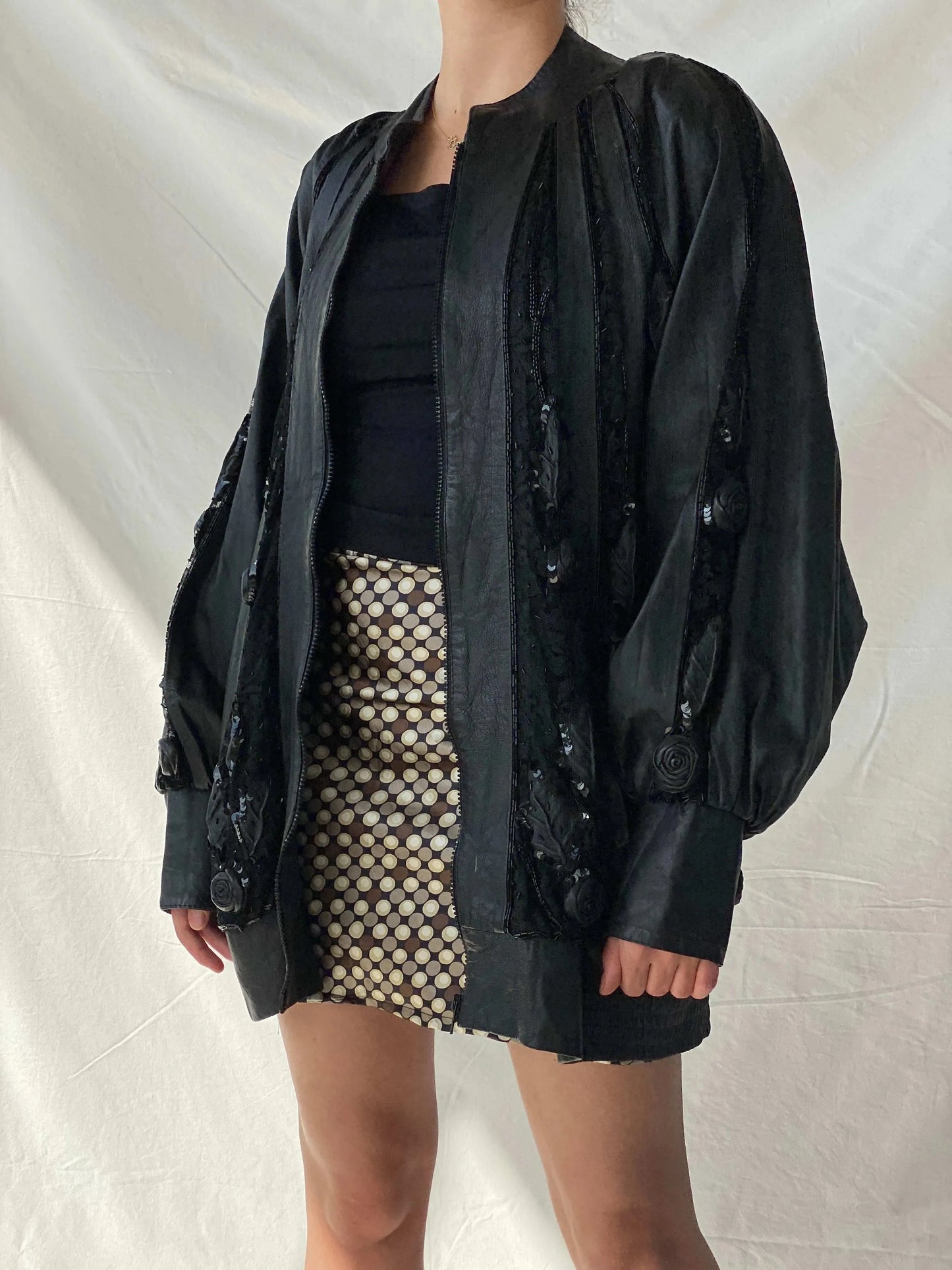 Statement Vintage 80s Black Leather Beaded Bomber Jacket - XL - Balagan Vintage Leather Jacket 90s, brown leather, genuine leather jacket, Mira, winter