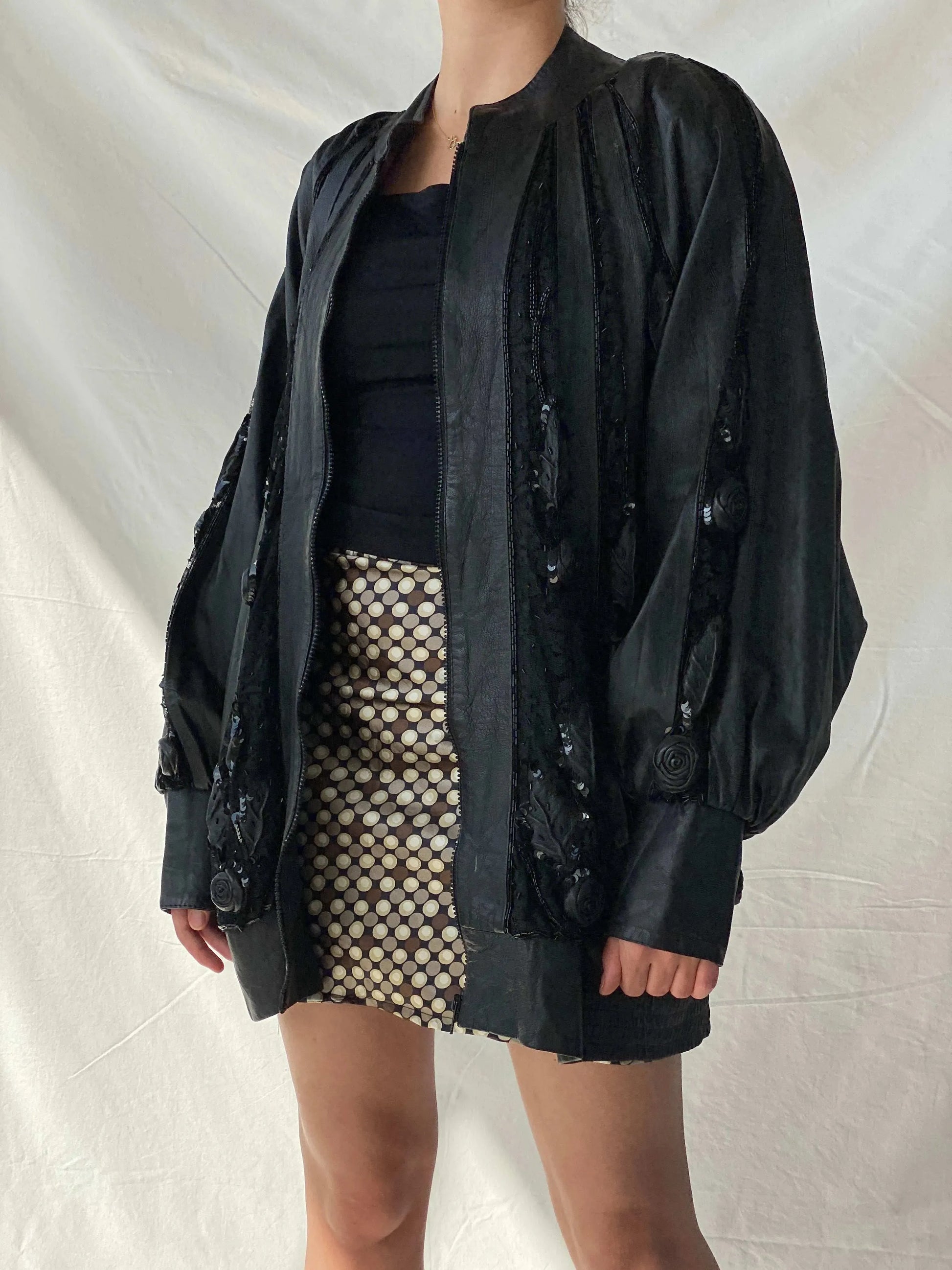 Statement Vintage 80s Black Leather Beaded Bomber Jacket - XL - Balagan Vintage Leather Jacket 90s, brown leather, genuine leather jacket, Mira, winter
