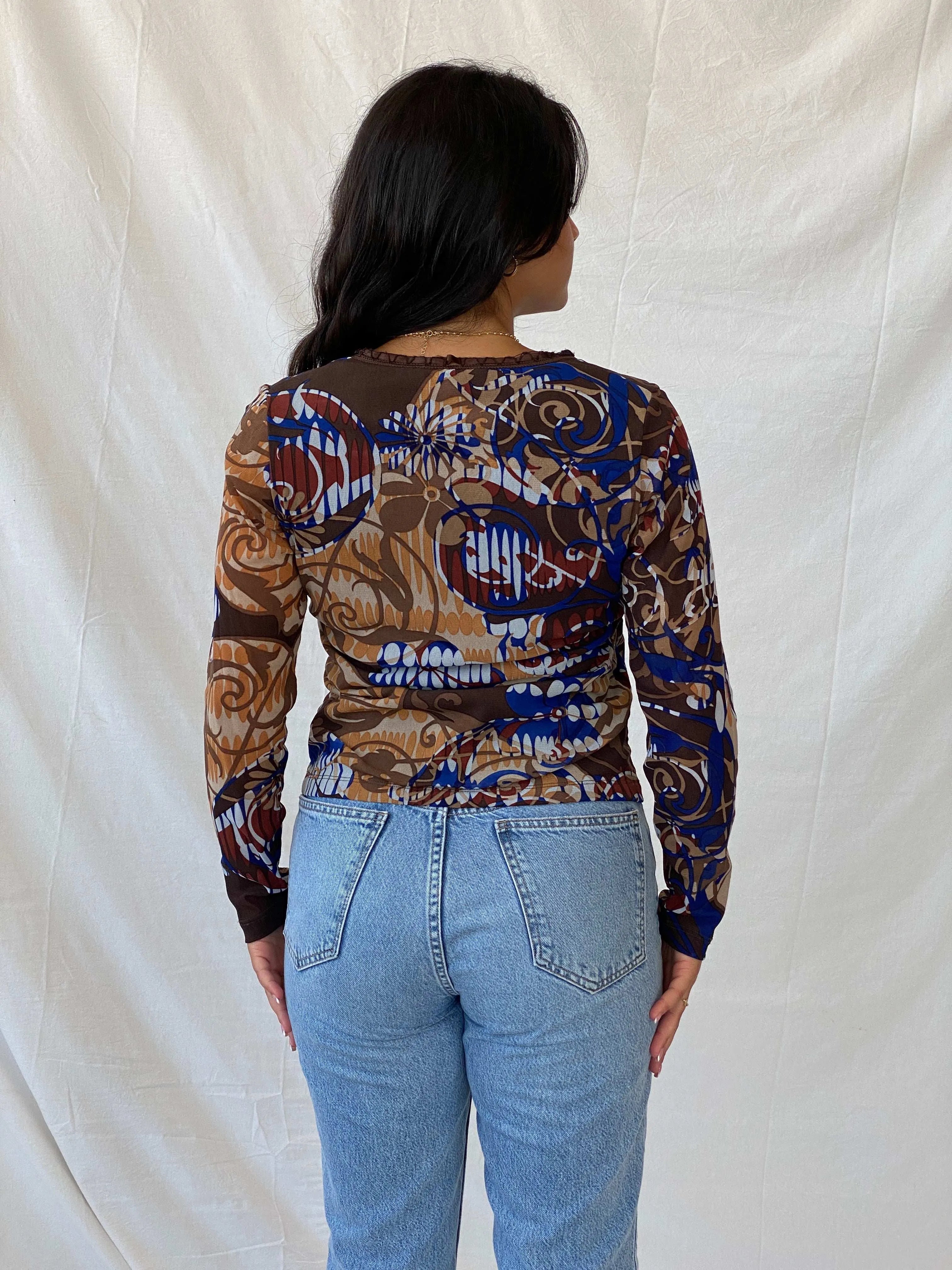 Statement Vintage 90s BiBA Semi-Mesh Floral Brown Button Up Top - S - Balagan Vintage Full Sleeve Top 90s, floral, floral mesh, floral print, Lana, mesh, mesh top