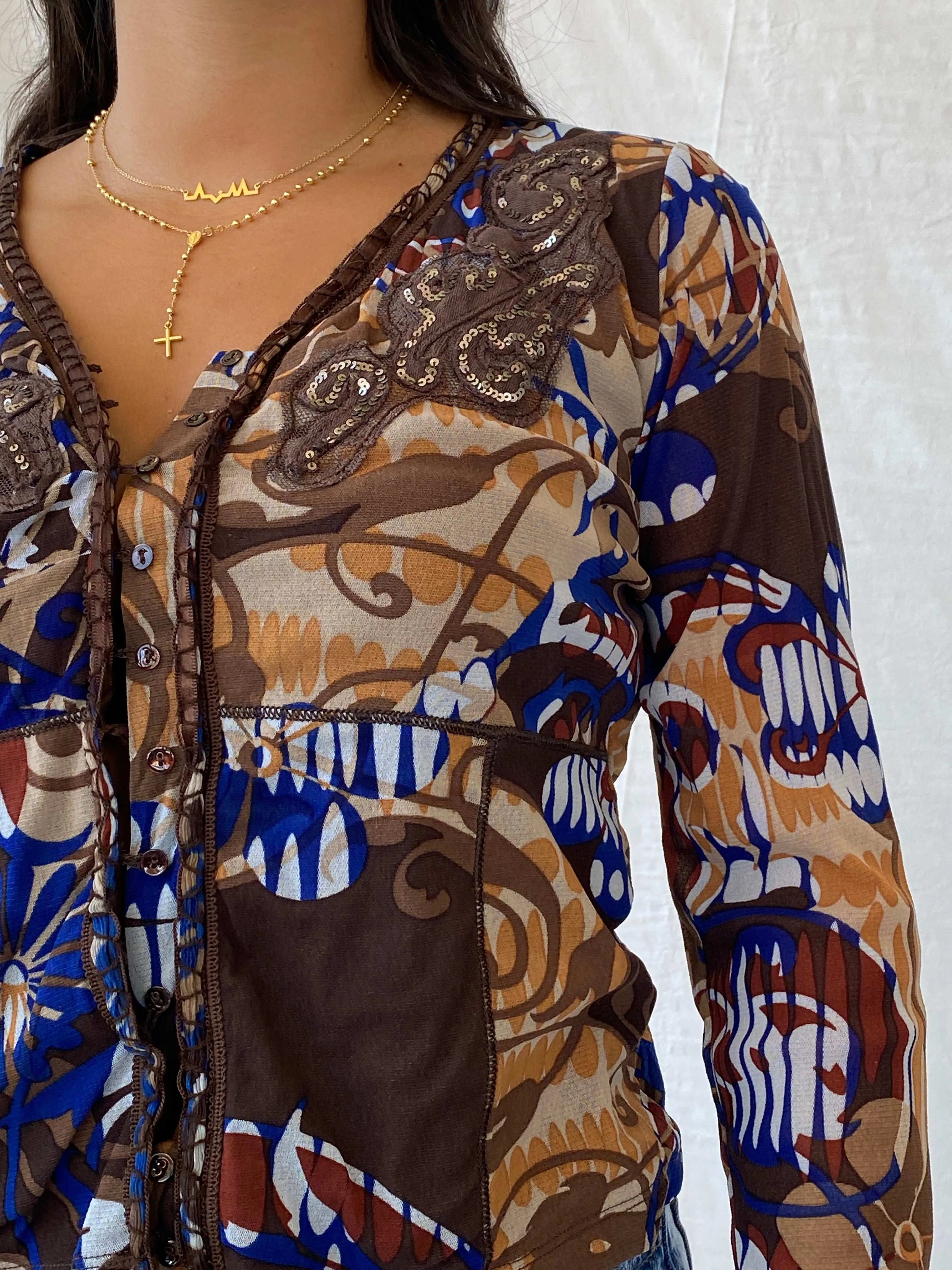 Statement Vintage 90s BiBA Semi-Mesh Floral Brown Button Up Top - S - Balagan Vintage Full Sleeve Top 90s, floral, floral mesh, floral print, Lana, mesh, mesh top