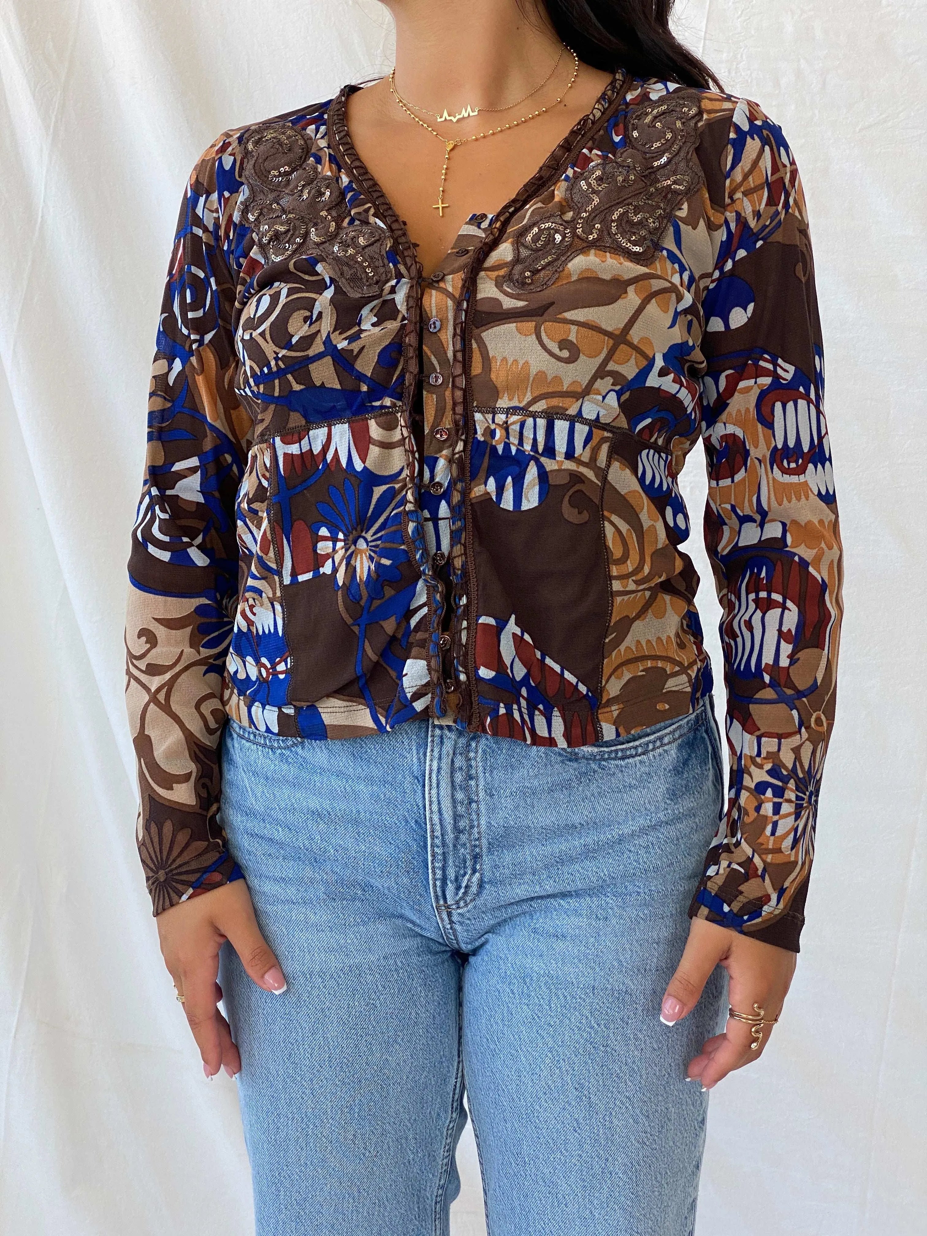 Statement Vintage 90s BiBA Semi-Mesh Floral Brown Button Up Top - S - Balagan Vintage Full Sleeve Top 90s, floral, floral mesh, floral print, Lana, mesh, mesh top