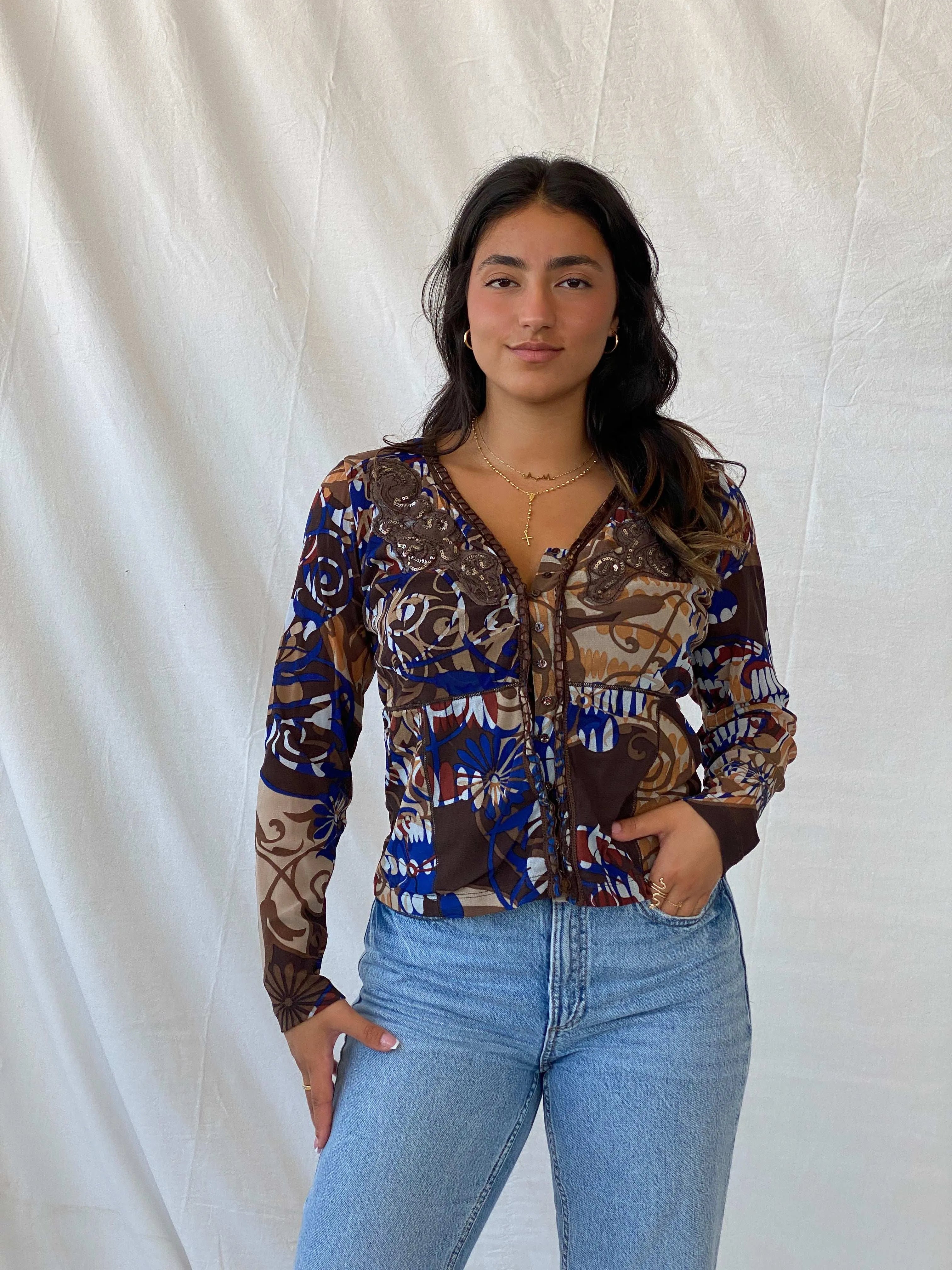 Statement Vintage 90s BiBA Semi-Mesh Floral Brown Button Up Top - S - Balagan Vintage Full Sleeve Top 90s, floral, floral mesh, floral print, Lana, mesh, mesh top