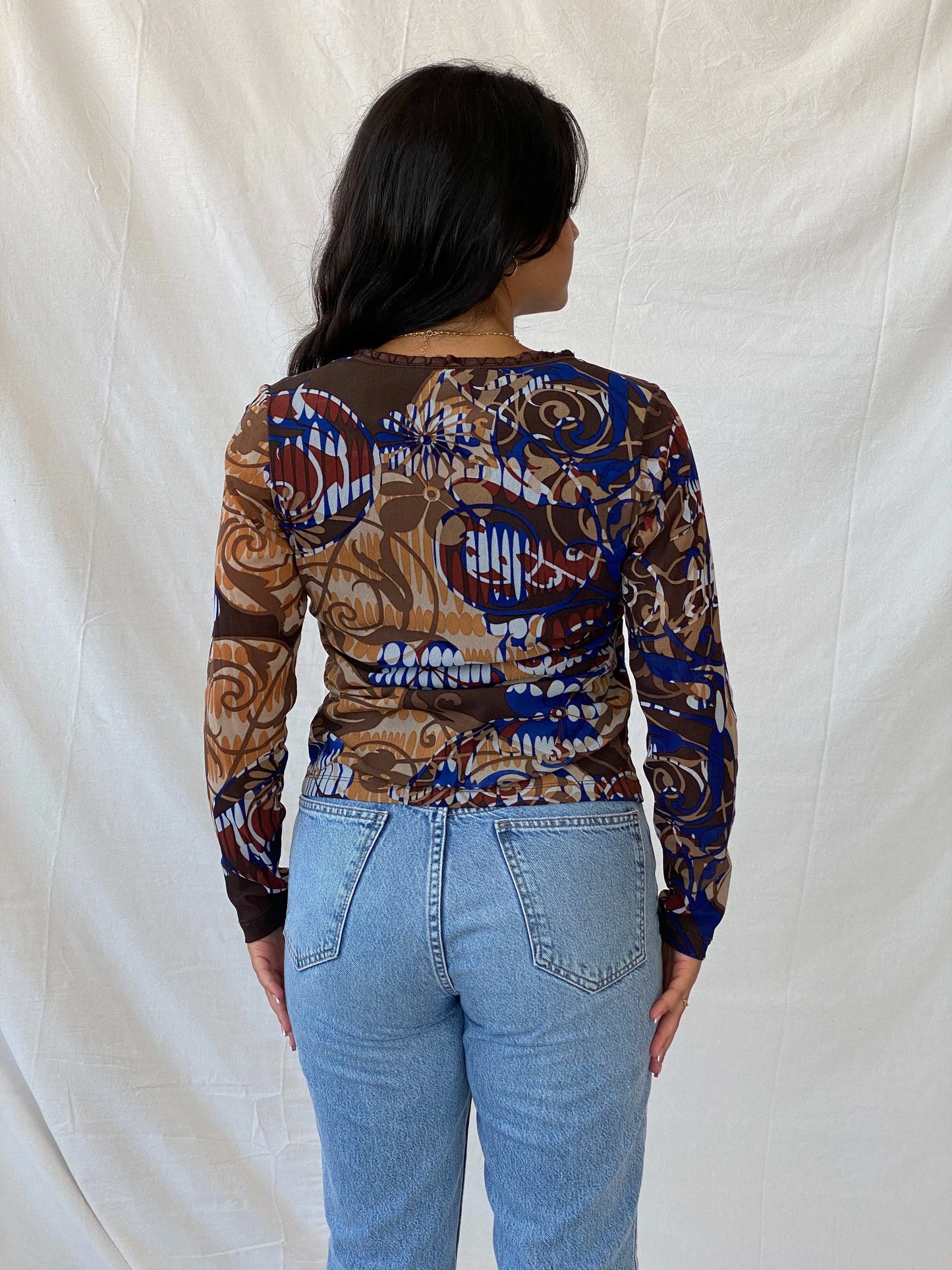 Statement Vintage 90s BiBA Semi-Mesh Floral Brown Button Up Top - S - Balagan Vintage Full Sleeve Top 90s, Deals, floral, floral mesh, floral print, Lana, mesh, mesh top