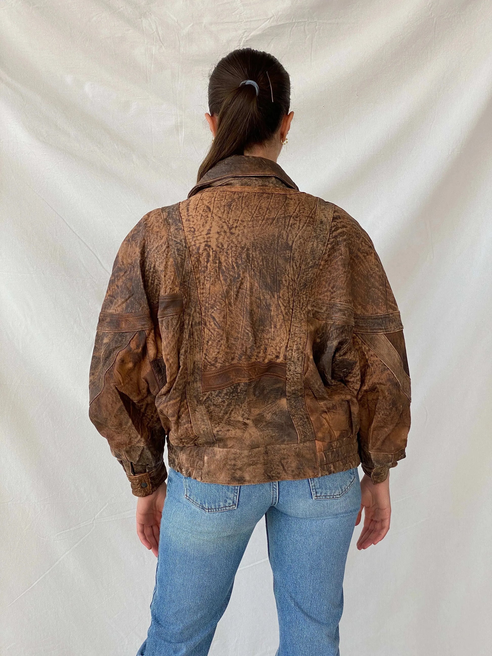 Statement Vintage 90s Distressed Brown Bomber Leather Jacket - L - Balagan Vintage Leather Jacket 90s, brown leather, genuine leather jacket, Mira, winter