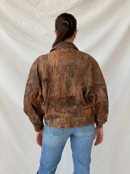 Statement Vintage 90s Distressed Brown Bomber Leather Jacket - L - Balagan Vintage Leather Jacket 90s, brown leather, genuine leather jacket, Mira, winter