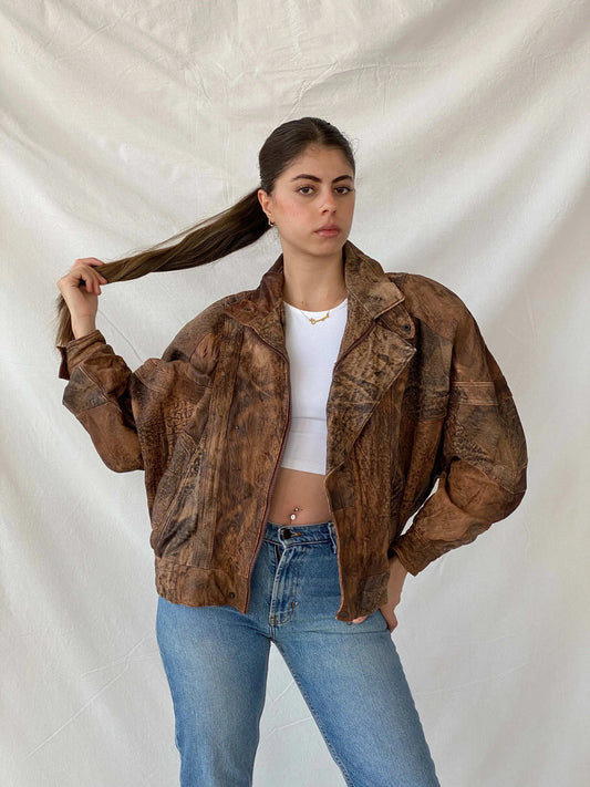 Statement Vintage 90s Distressed Brown Bomber Leather Jacket - L - Balagan Vintage Leather Jacket 90s, brown leather, genuine leather jacket, Mira, winter