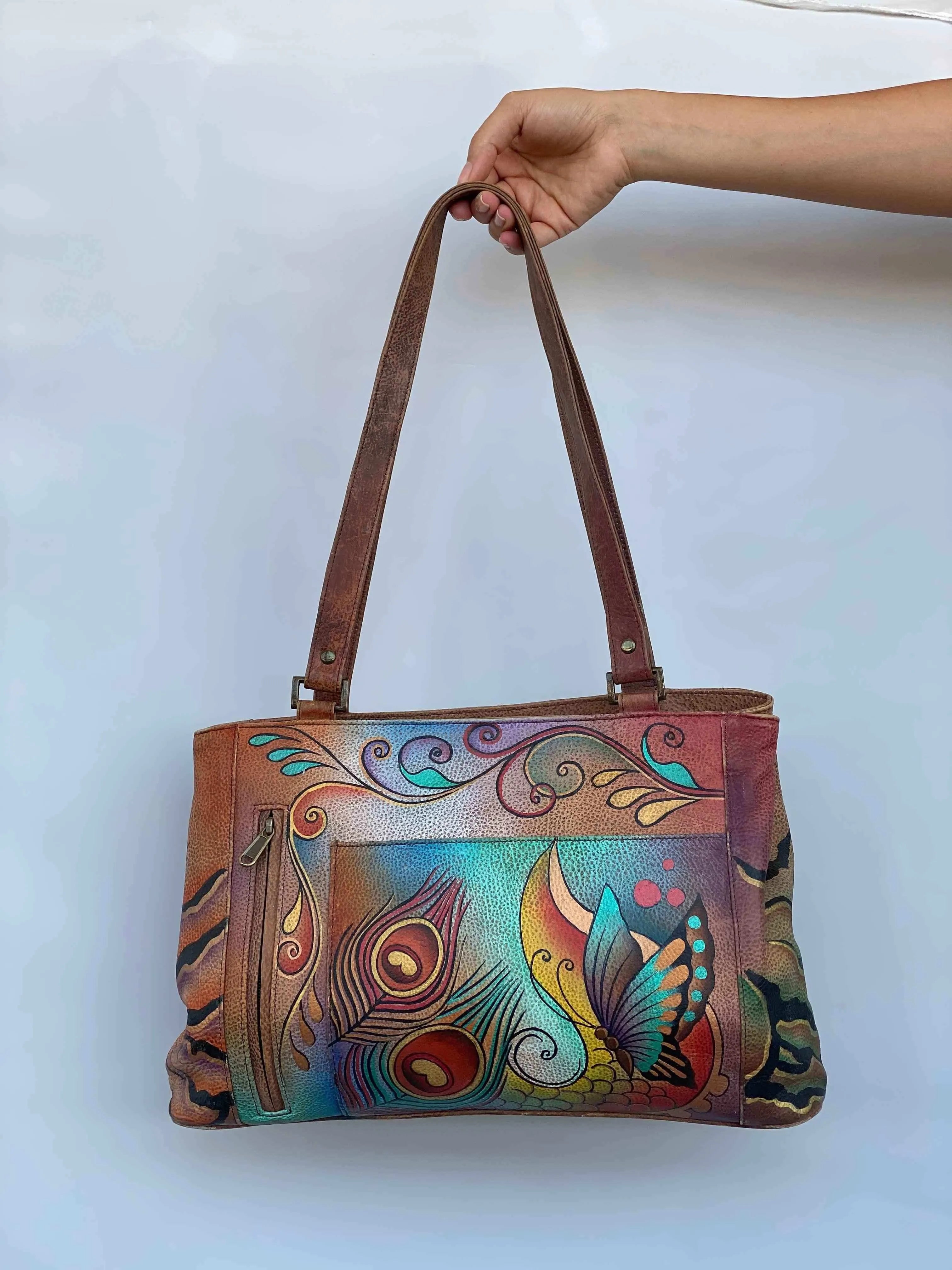 Statement Vintage Anuschka Hand Aqua Painted Genuine Leather Bag - Balagan Vintage Shoulder Bag 00s, 90s, genuine leather, leather