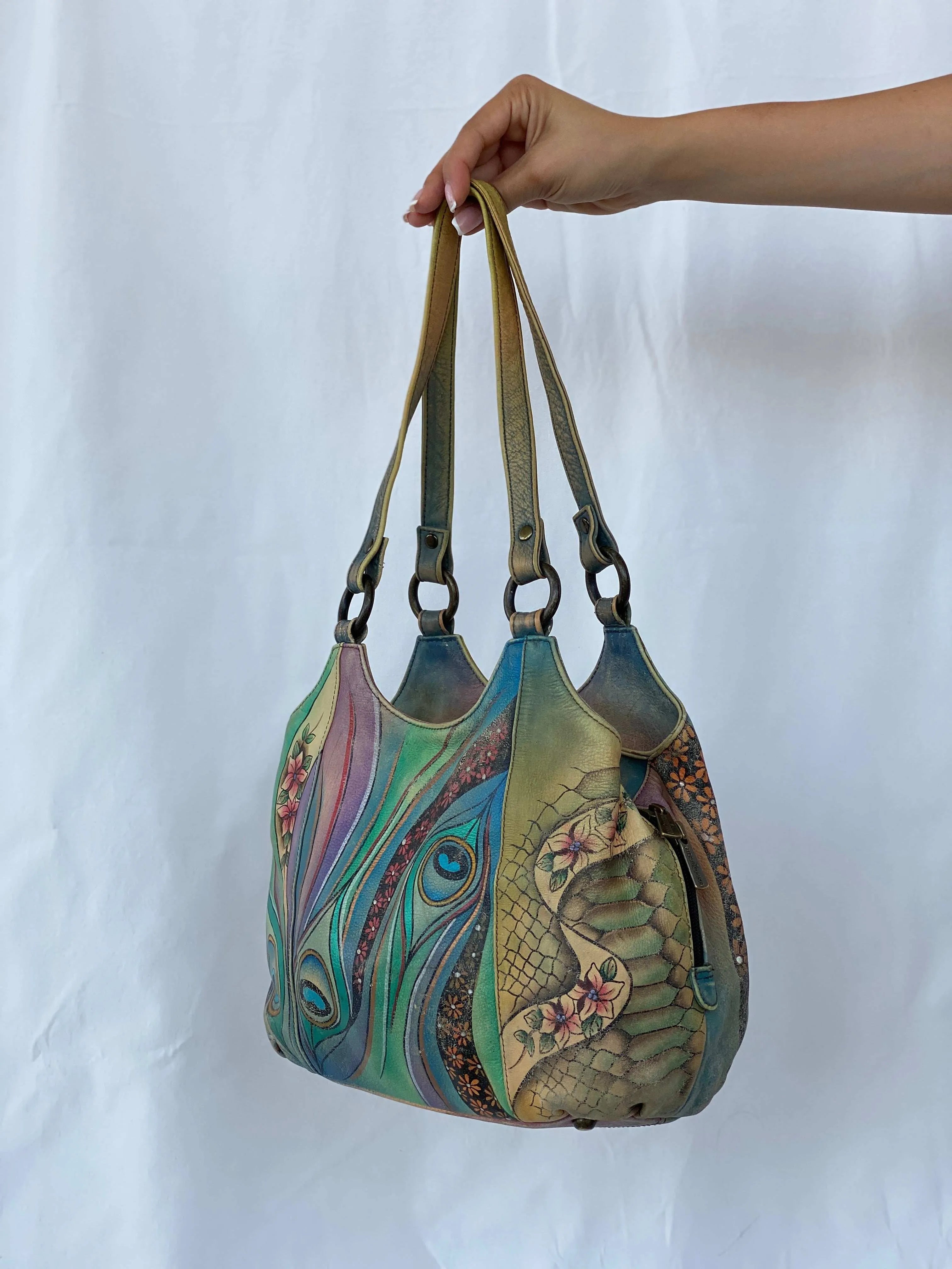 Statement Vintage Anuschka Hand Aqua Painted Genuine Leather Bag - Balagan Vintage Shoulder Bag 00s, 90s, genuine leather, leather