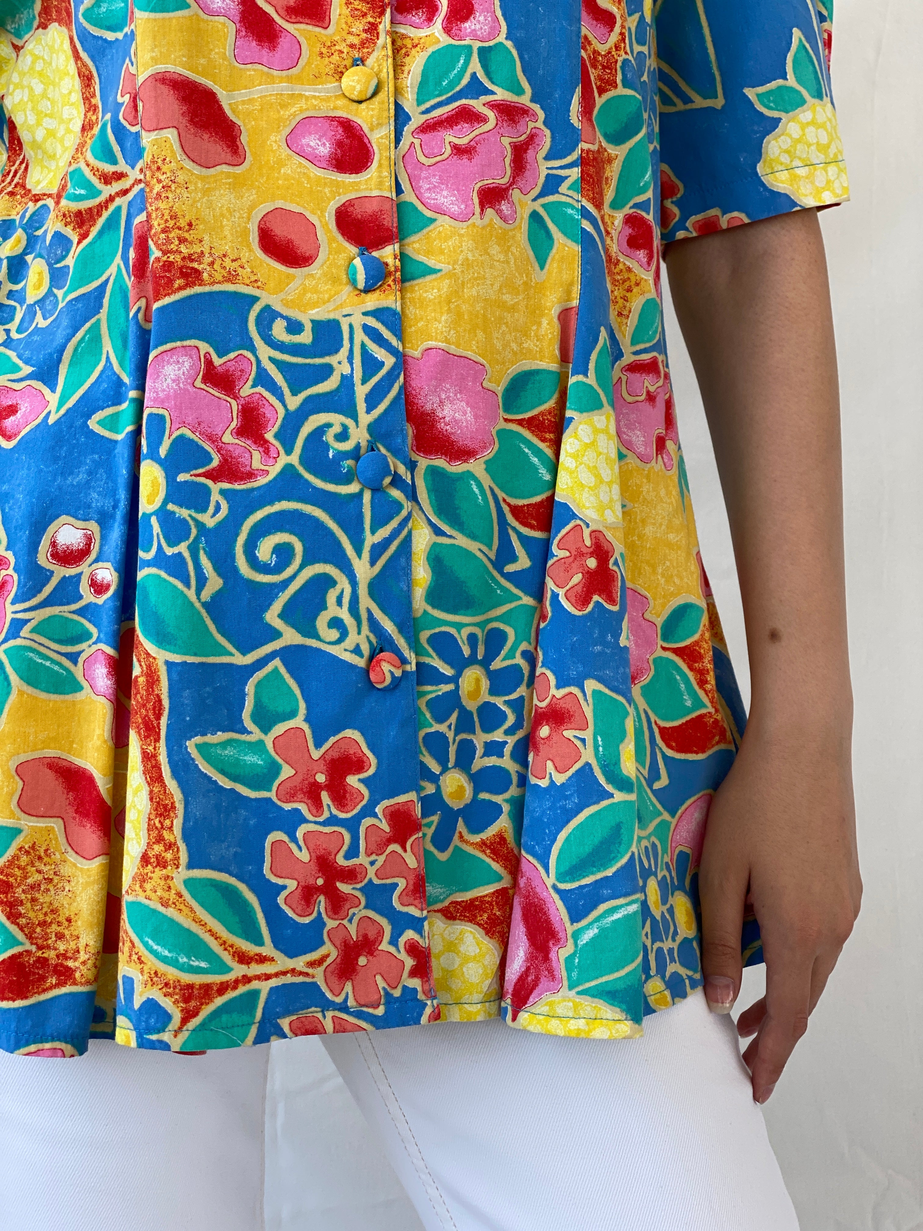 Statement Vintage Bella Donna Yellow Blue Colorful Floral Short Sleeve Women’s Shirt - L - Balagan Vintage Half Sleeve Shirt 90s, Ayah, floral shirt, half sleeve shirt, NEW IN, shirt, women shirt