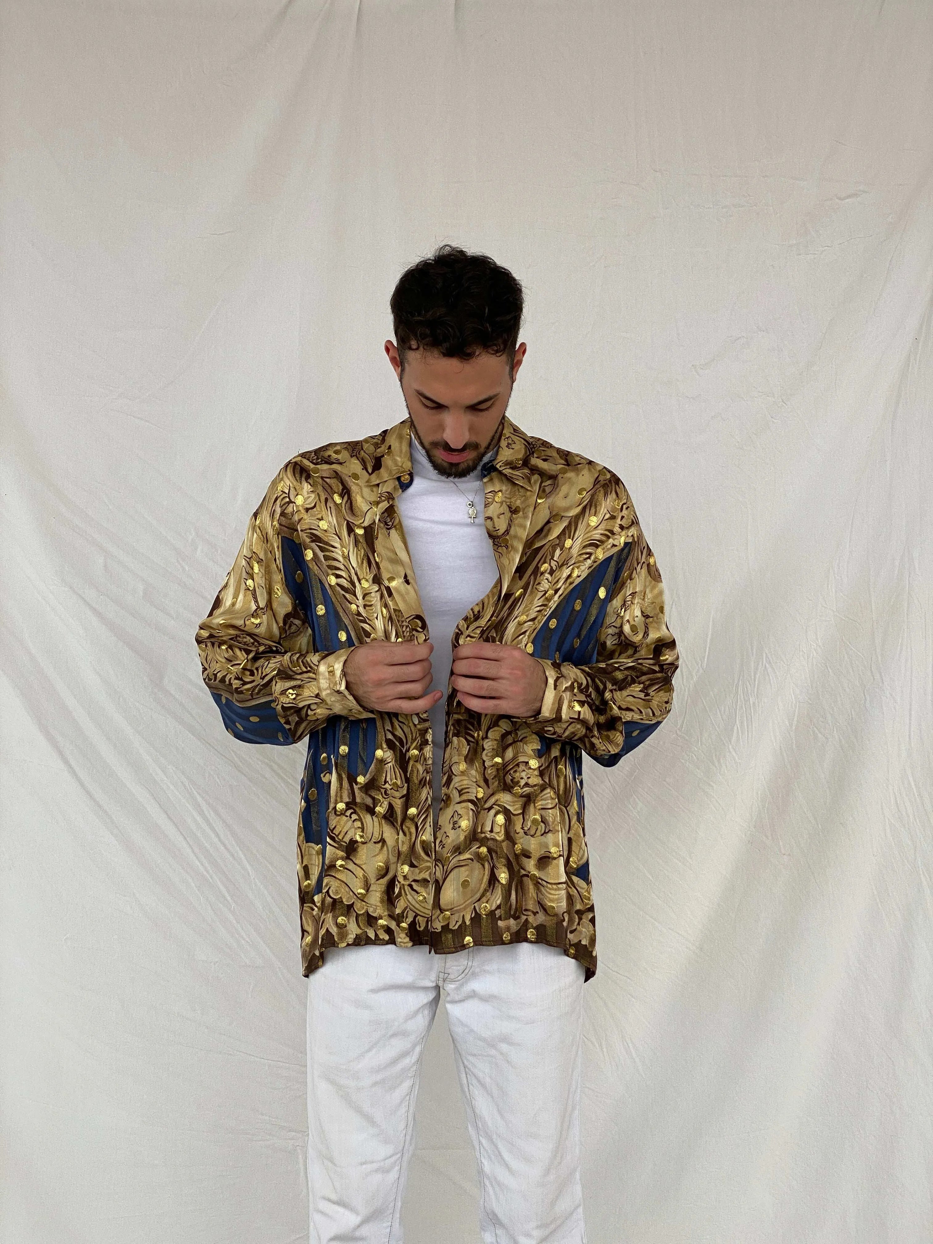 Statement Vintage CREMEDE SILK Gold Full Sleeve Silk Shirt Size L - Balagan Vintage Full Sleeve Shirt 90s, Awsam, printed silk shirt, silk, silk shirt