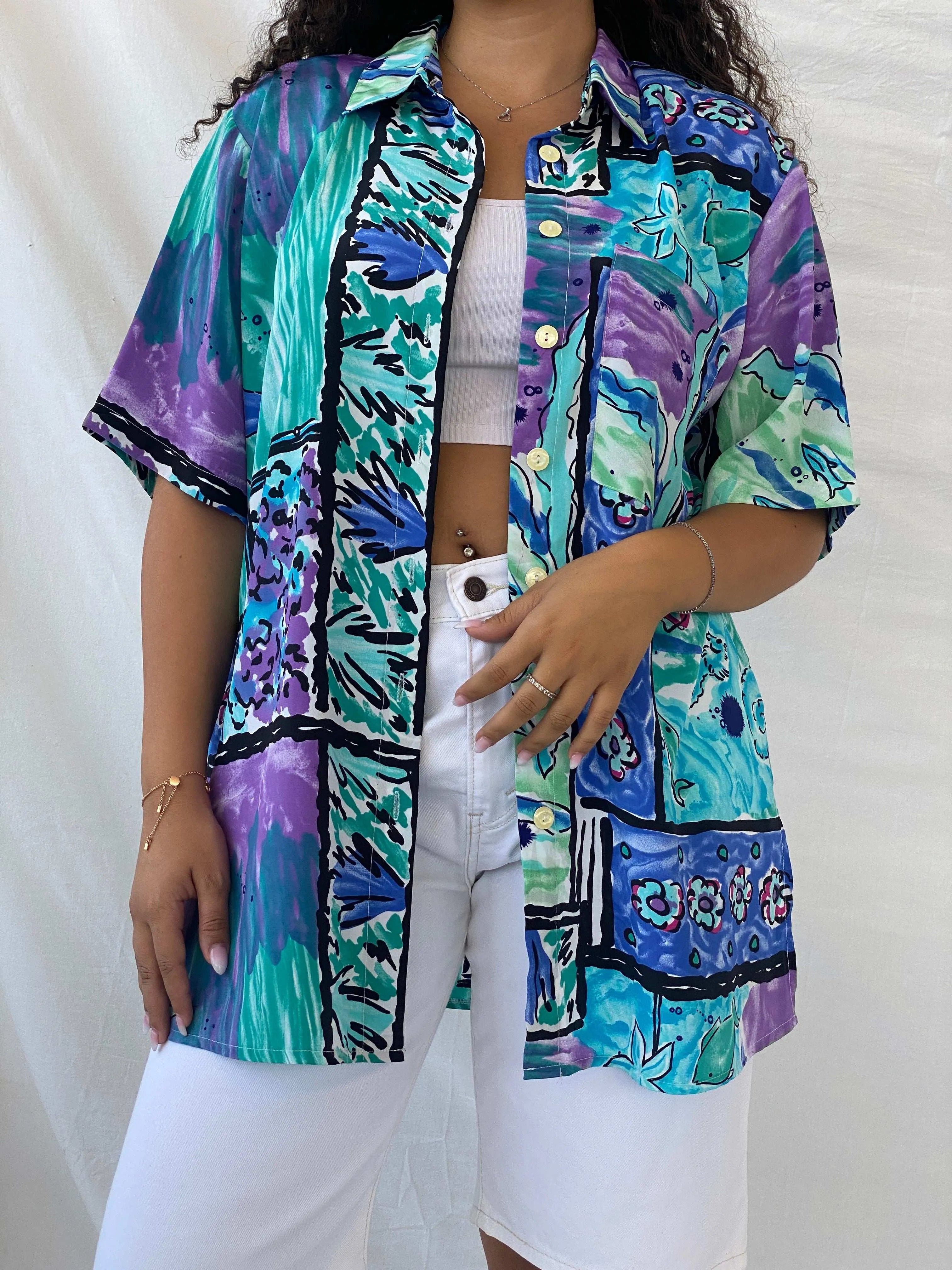 Statement Vintage Handmade Blue and Purple Floral Oversized Shirt - XL - Balagan Vintage Half Sleeve Shirt 00s, 90s, Dina, floral, floral shirt, half sleeve shirt, oversized, oversized shirt