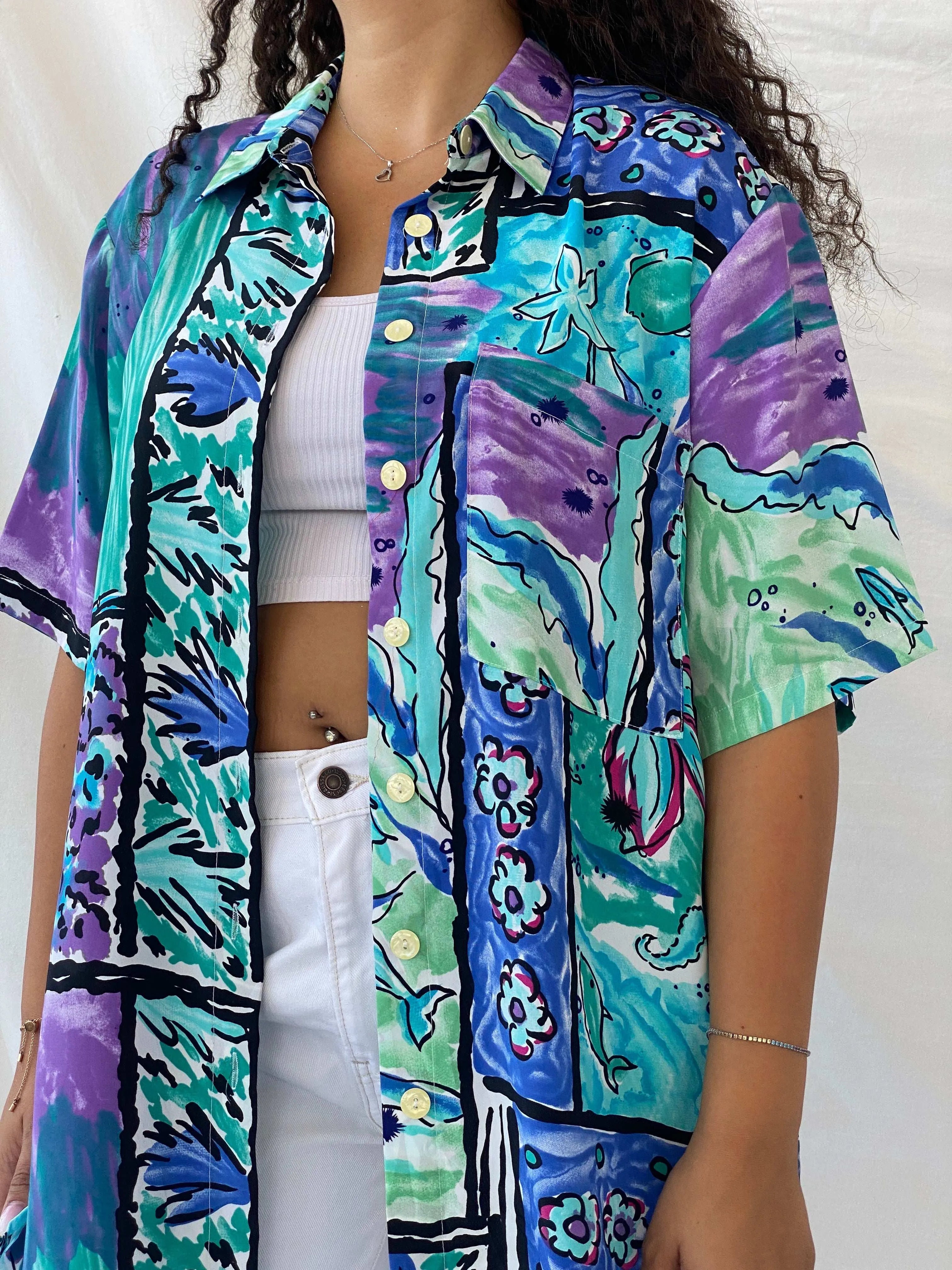 Statement Vintage Handmade Blue and Purple Floral Oversized Shirt - XL - Balagan Vintage Half Sleeve Shirt 00s, 90s, Deals, Dina, floral, floral shirt, half sleeve shirt, oversized, oversized shirt