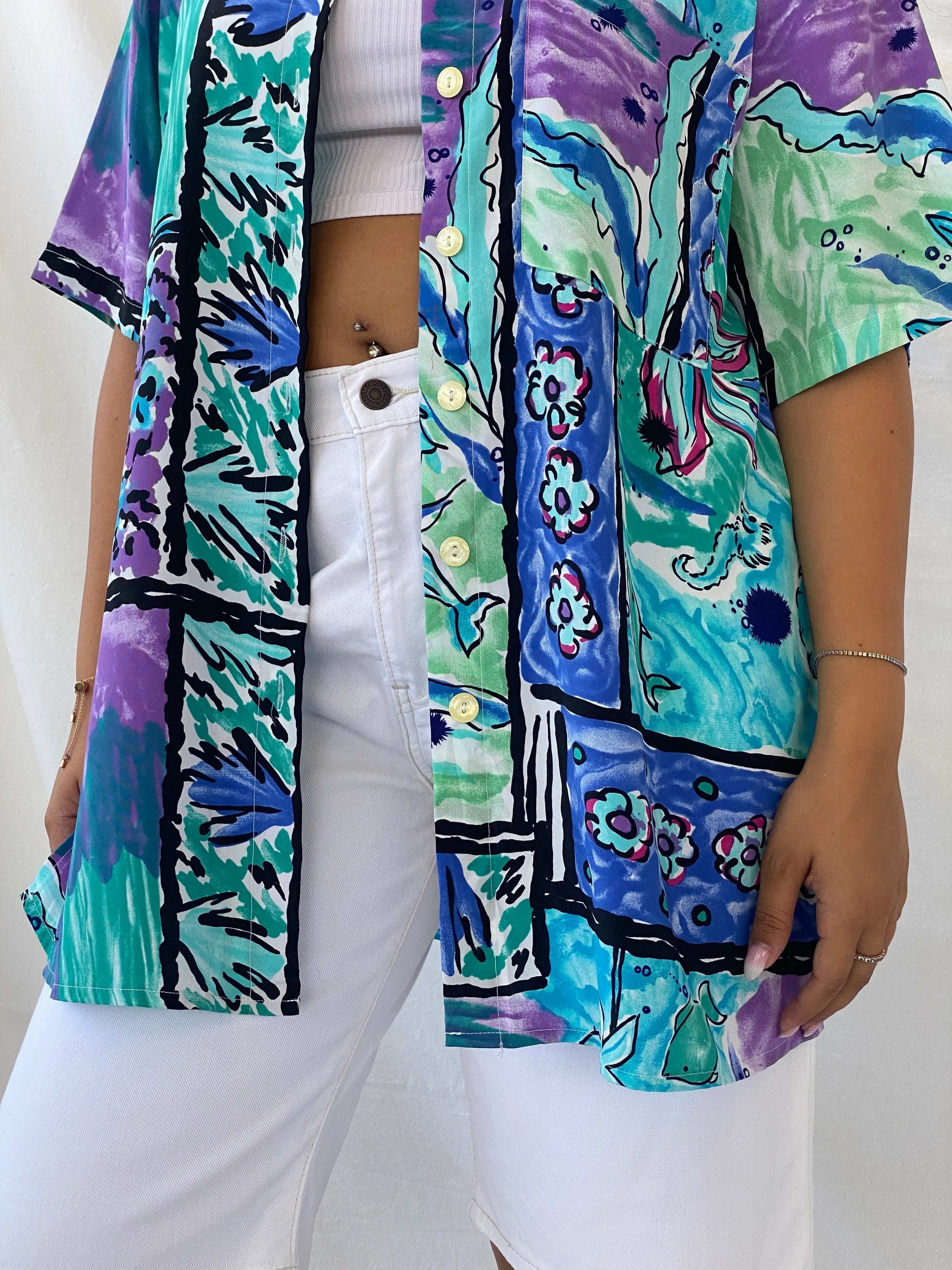 Statement Vintage Handmade Blue and Purple Floral Oversized Shirt - XL - Balagan Vintage Half Sleeve Shirt 00s, 90s, Deals, Dina, floral, floral shirt, half sleeve shirt, oversized, oversized shirt