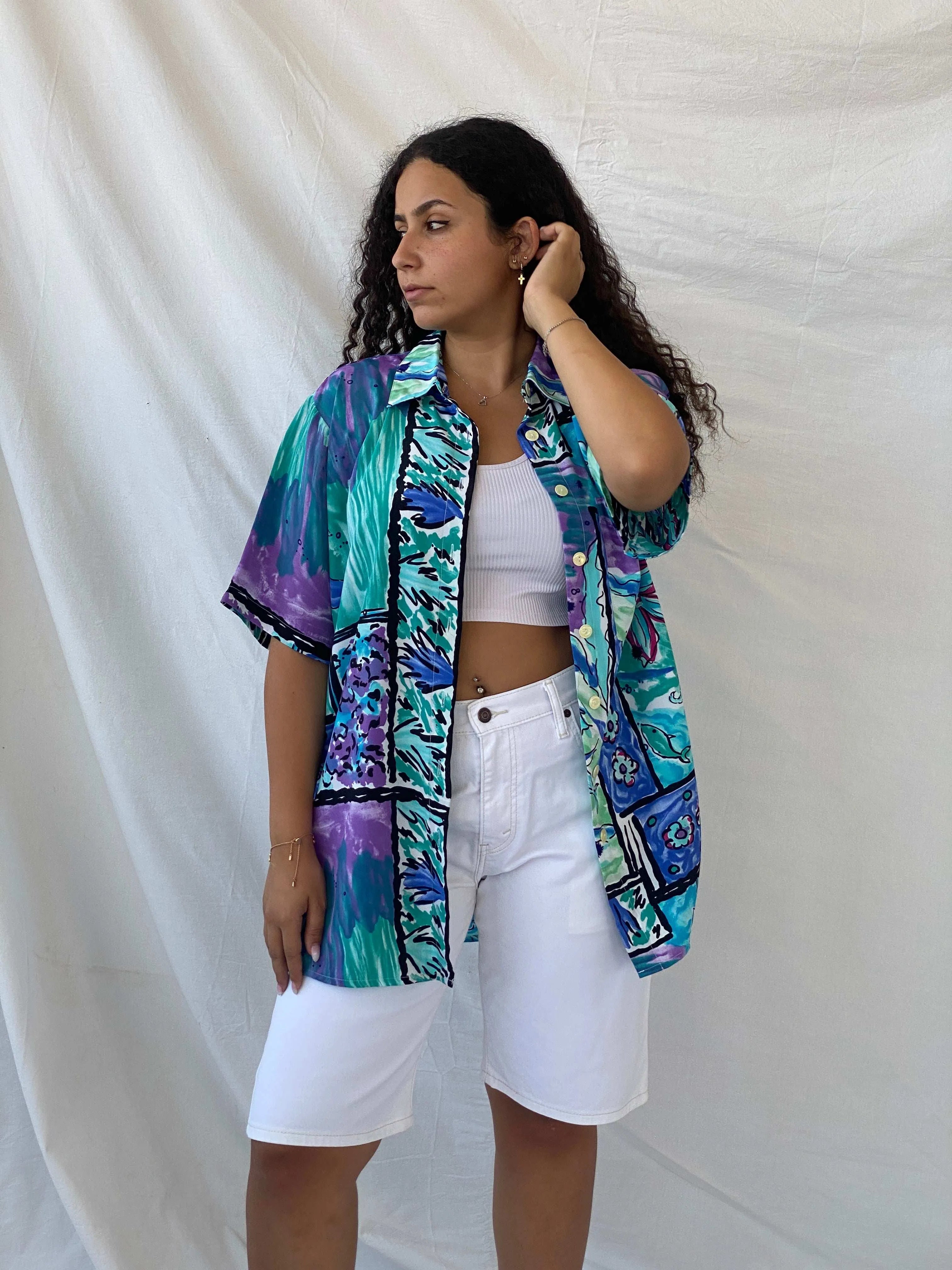 Statement Vintage Handmade Blue and Purple Floral Oversized Shirt - XL - Balagan Vintage Half Sleeve Shirt 00s, 90s, Dina, floral, floral shirt, half sleeve shirt, oversized, oversized shirt