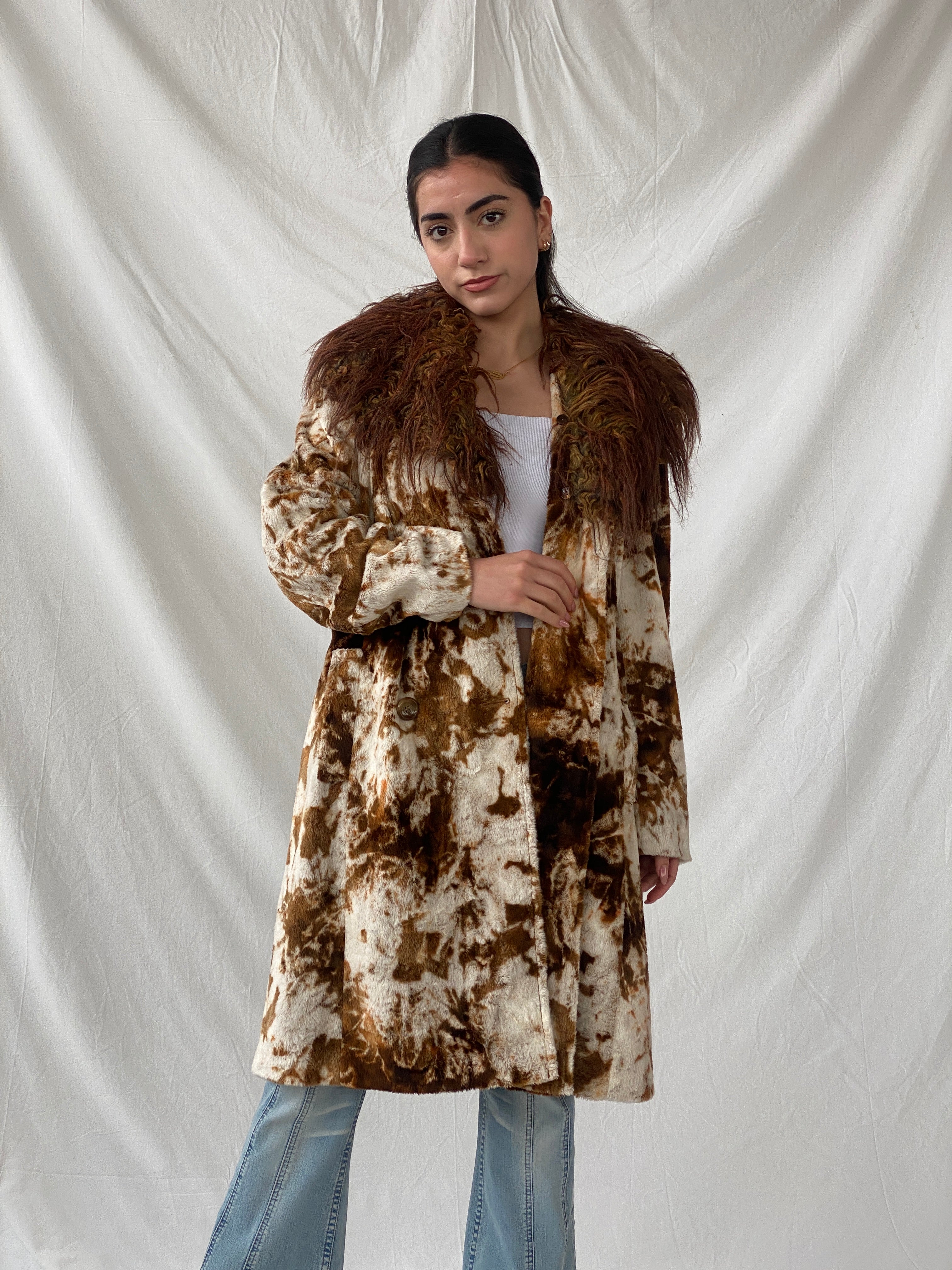 Statement Vintage Lifestyle by Alba Moda Brown Appaloosa Print Faux Fur Trim Coat - L - Balagan Vintage Coat 90s, animal print, Christine, coat, faux fur, NEW IN, vintage coat, winter