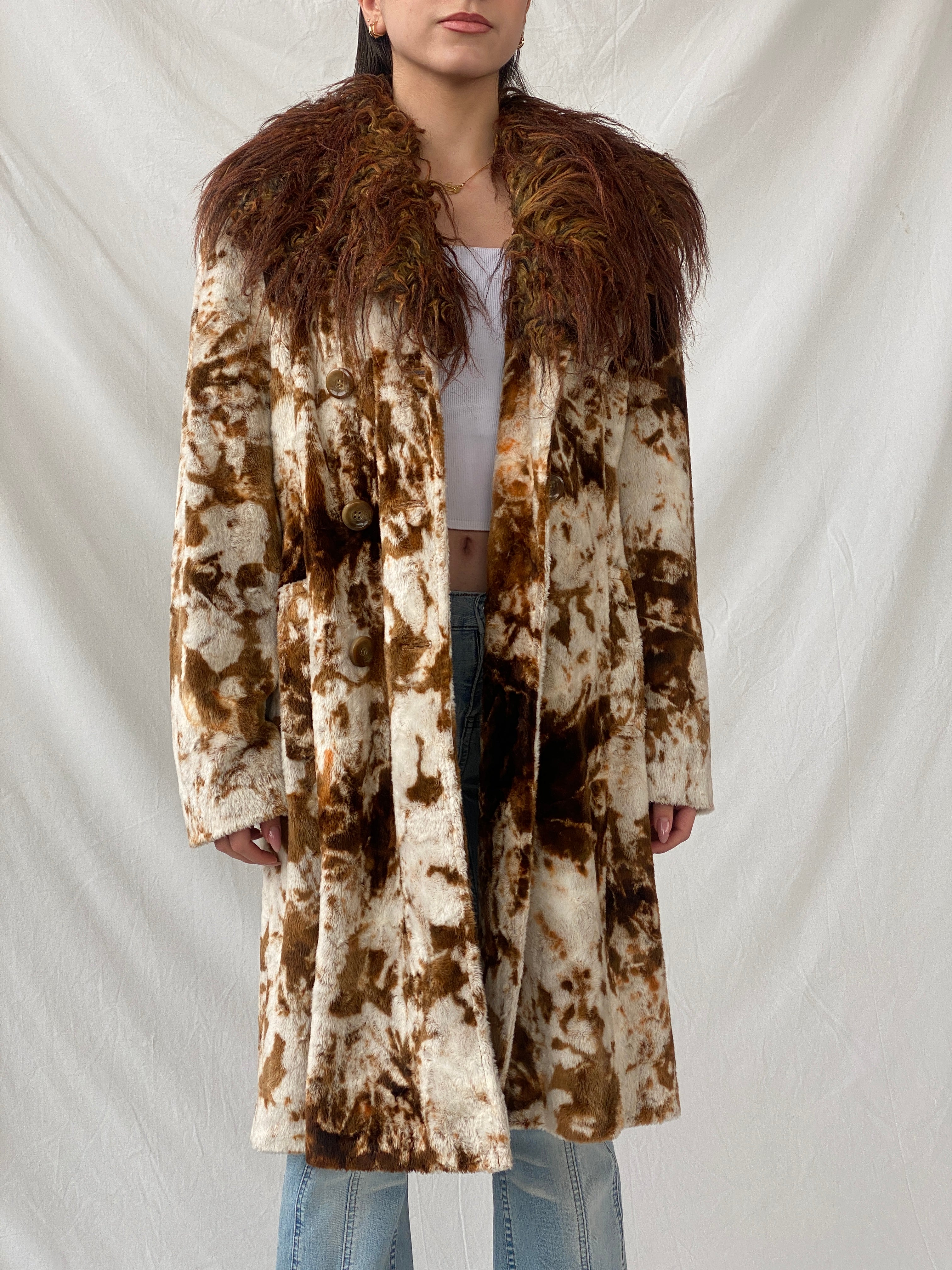 Statement Vintage Lifestyle by Alba Moda Brown Appaloosa Print Faux Fur Trim Coat - L - Balagan Vintage Coat 90s, animal print, Christine, coat, faux fur, NEW IN, vintage coat, winter