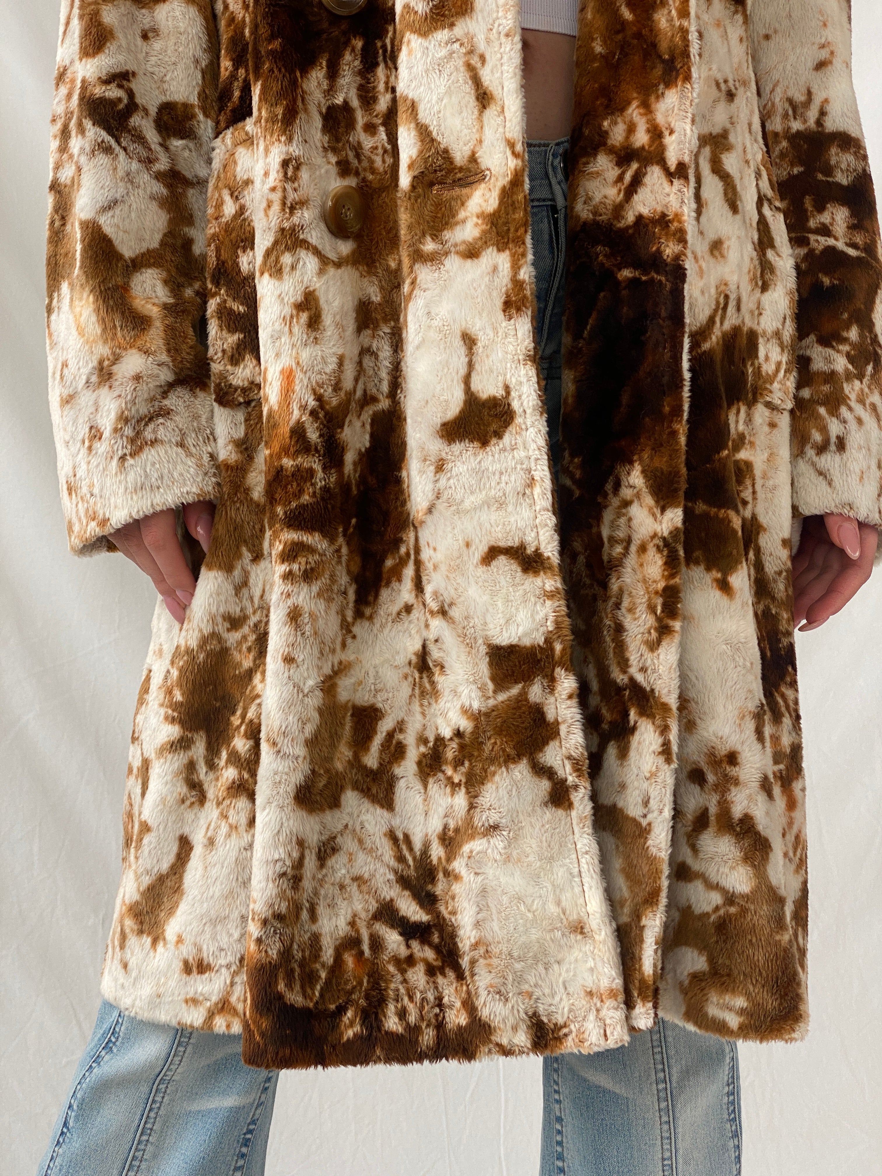 Statement Vintage Lifestyle by Alba Moda Brown Appaloosa Print Faux Fur Trim Coat - L - Balagan Vintage Coat 90s, animal print, Christine, coat, faux fur, NEW IN, vintage coat, winter