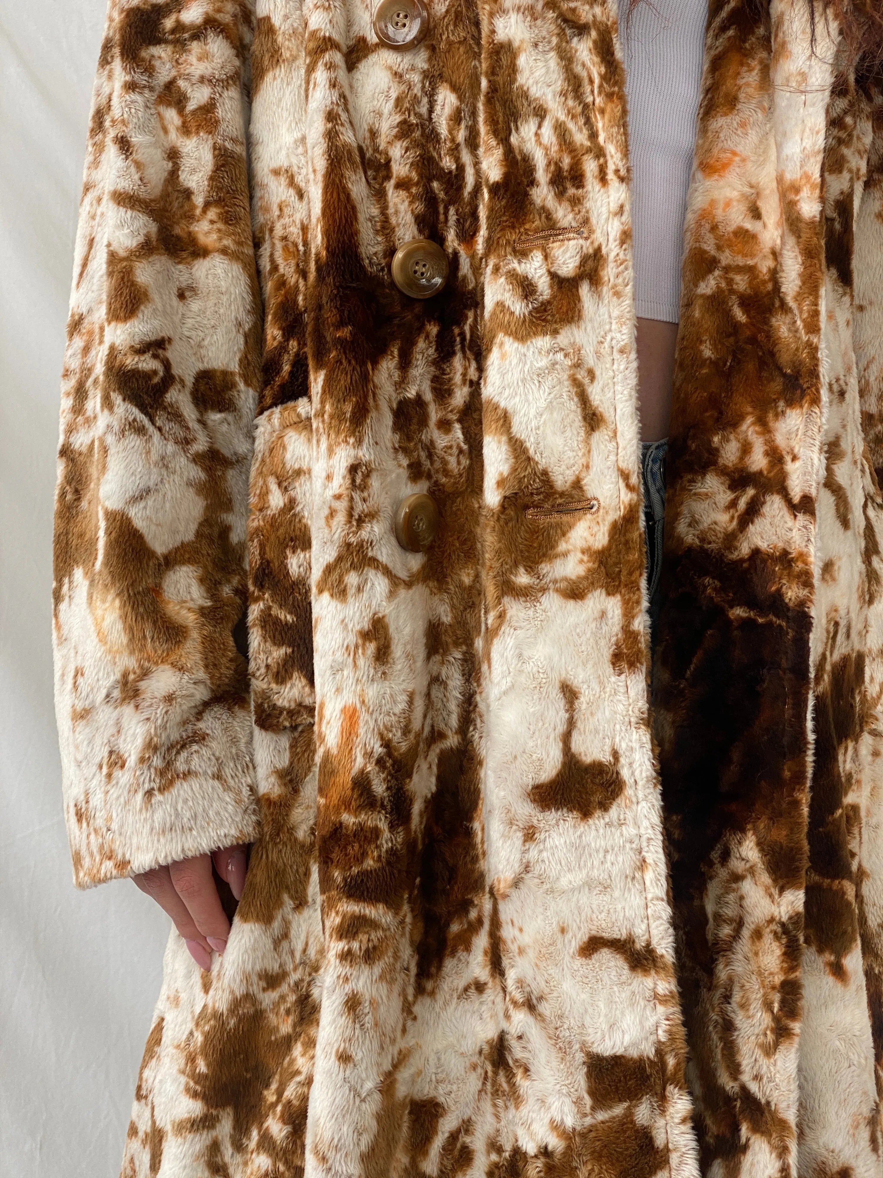 Statement Vintage Lifestyle by Alba Moda Brown Appaloosa Print Faux Fur Trim Coat - L - Balagan Vintage Coat 90s, animal print, Christine, coat, Coats&Jackets, faux fur, vintage coat, winter, Women's Coats
