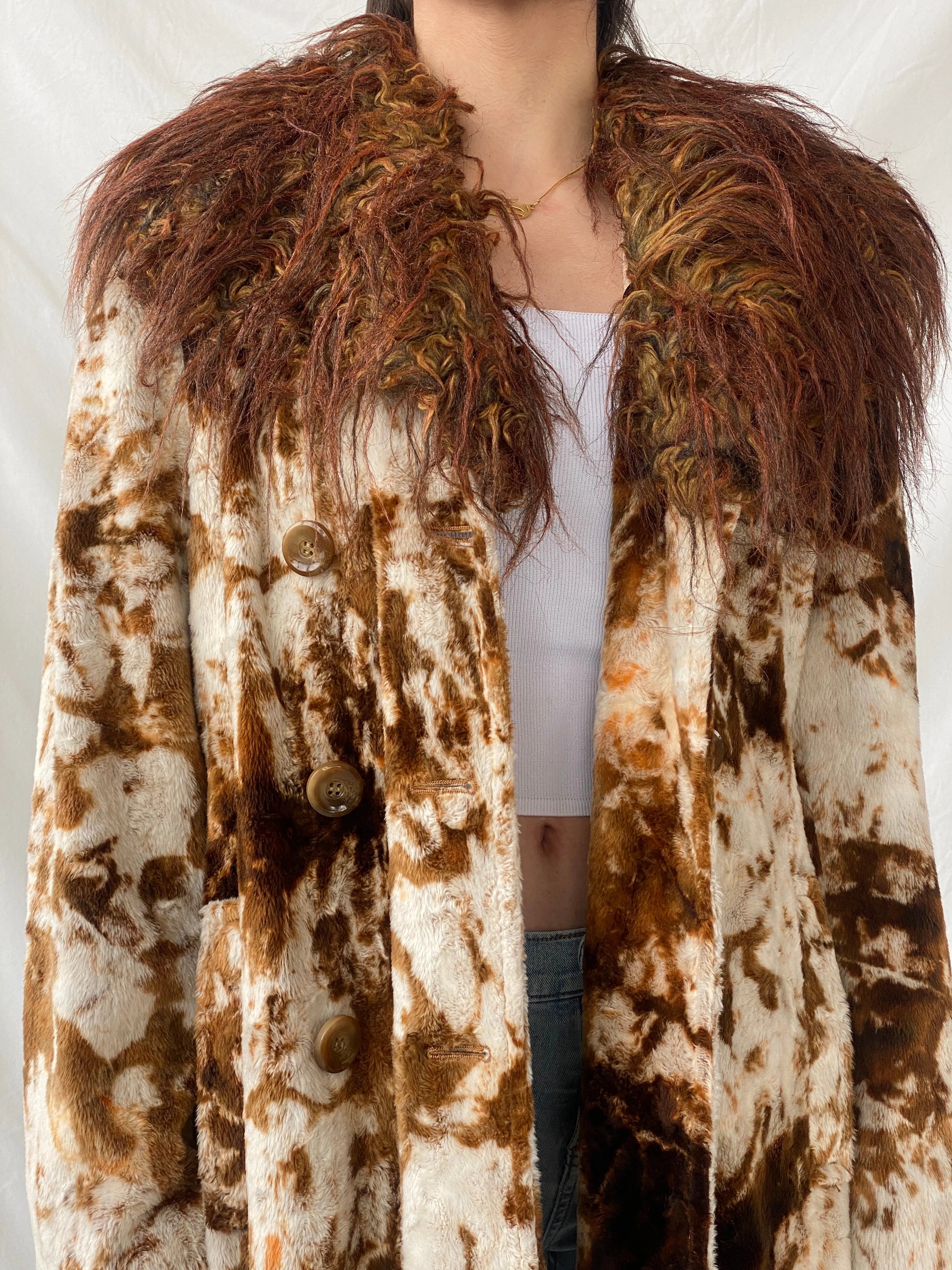 Statement Vintage Lifestyle by Alba Moda Brown Appaloosa Print Faux Fur Trim Coat - L - Balagan Vintage Coat 90s, animal print, Christine, coat, Coats&Jackets, faux fur, vintage coat, winter, Women's Coats