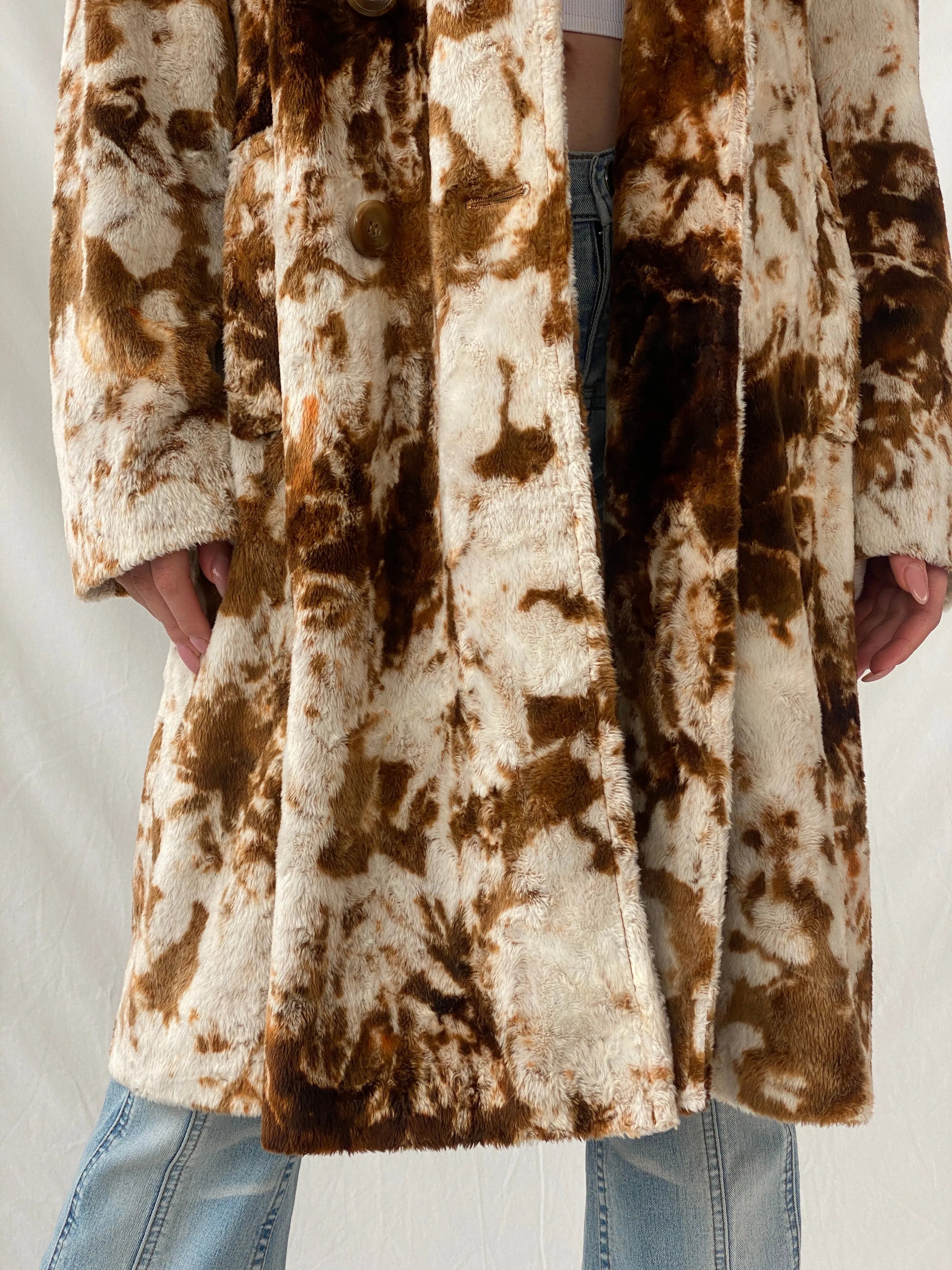 Statement Vintage Lifestyle by Alba Moda Brown Appaloosa Print Faux Fur Trim Coat - L - Balagan Vintage Coat 90s, animal print, Christine, coat, Coats&Jackets, faux fur, vintage coat, winter, Women's Coats
