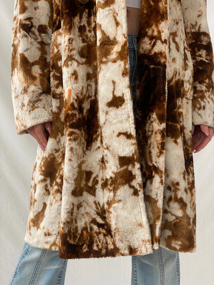 Statement Vintage Lifestyle by Alba Moda Brown Appaloosa Print Faux Fur Trim Coat - L - Balagan Vintage Coat 90s, animal print, Christine, coat, Coats&Jackets, faux fur, vintage coat, winter, Women's Coats