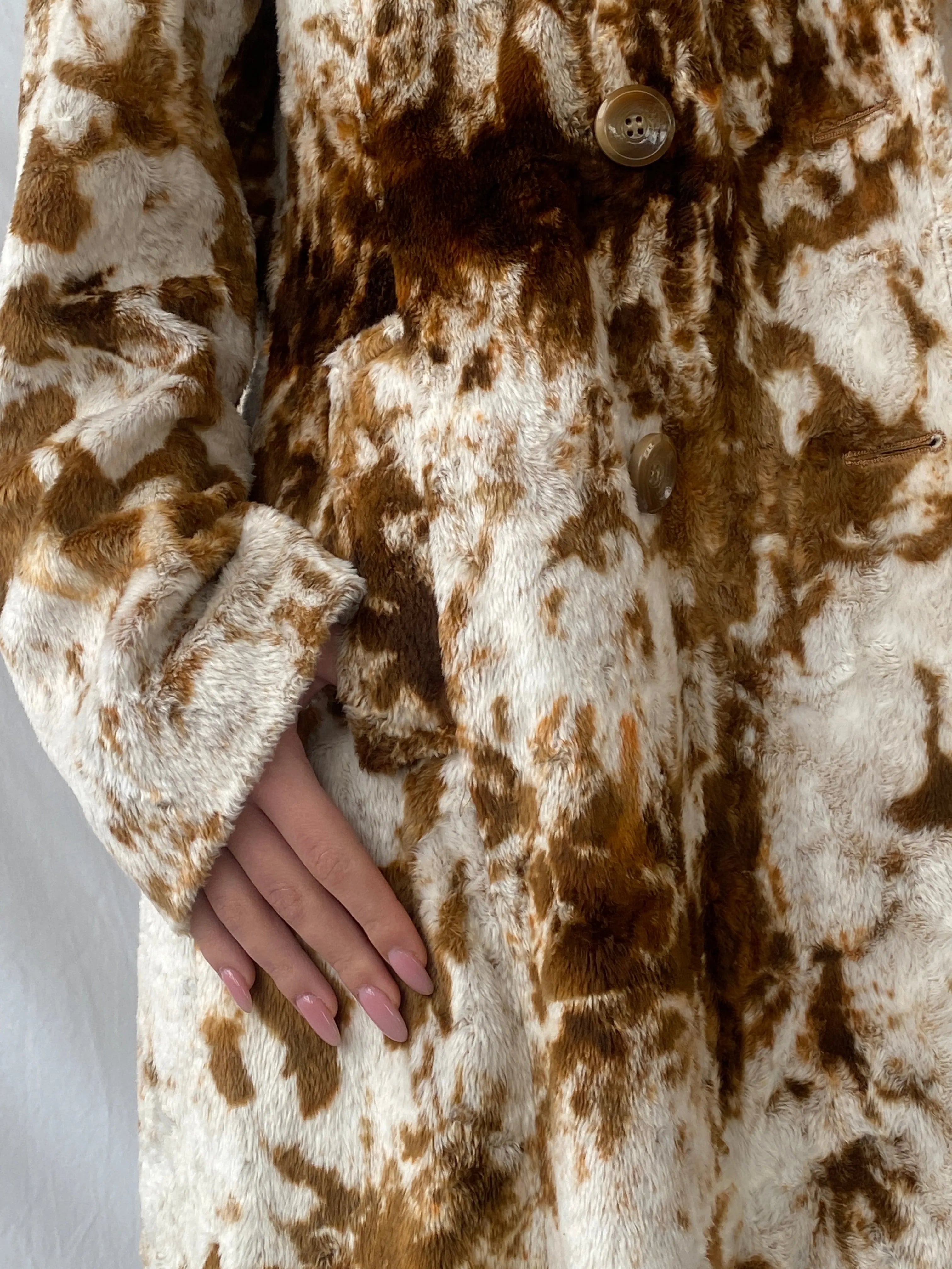 Statement Vintage Lifestyle by Alba Moda Brown Appaloosa Print Faux Fur Trim Coat - L - Balagan Vintage Coat 90s, animal print, Christine, coat, Coats&Jackets, faux fur, vintage coat, winter, Women's Coats