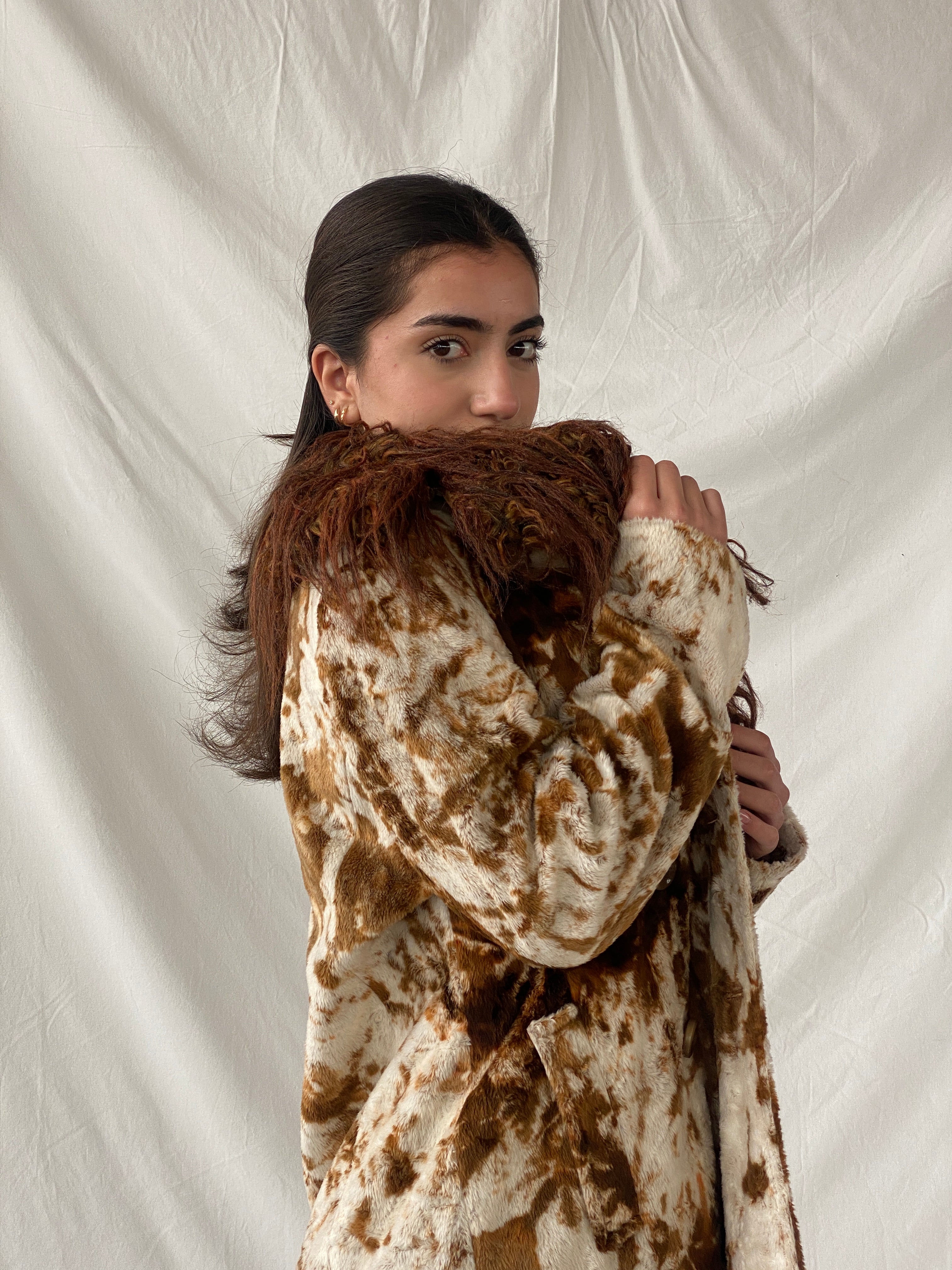 Statement Vintage Lifestyle by Alba Moda Brown Appaloosa Print Faux Fur Trim Coat - L - Balagan Vintage Coat 90s, animal print, Christine, coat, faux fur, NEW IN, vintage coat, winter