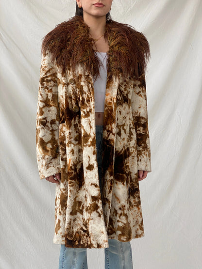 Statement Vintage Lifestyle by Alba Moda Brown Appaloosa Print Faux Fur Trim Coat - L - Balagan Vintage Coat 90s, animal print, Christine, coat, Coats&Jackets, faux fur, vintage coat, winter, Women's Coats