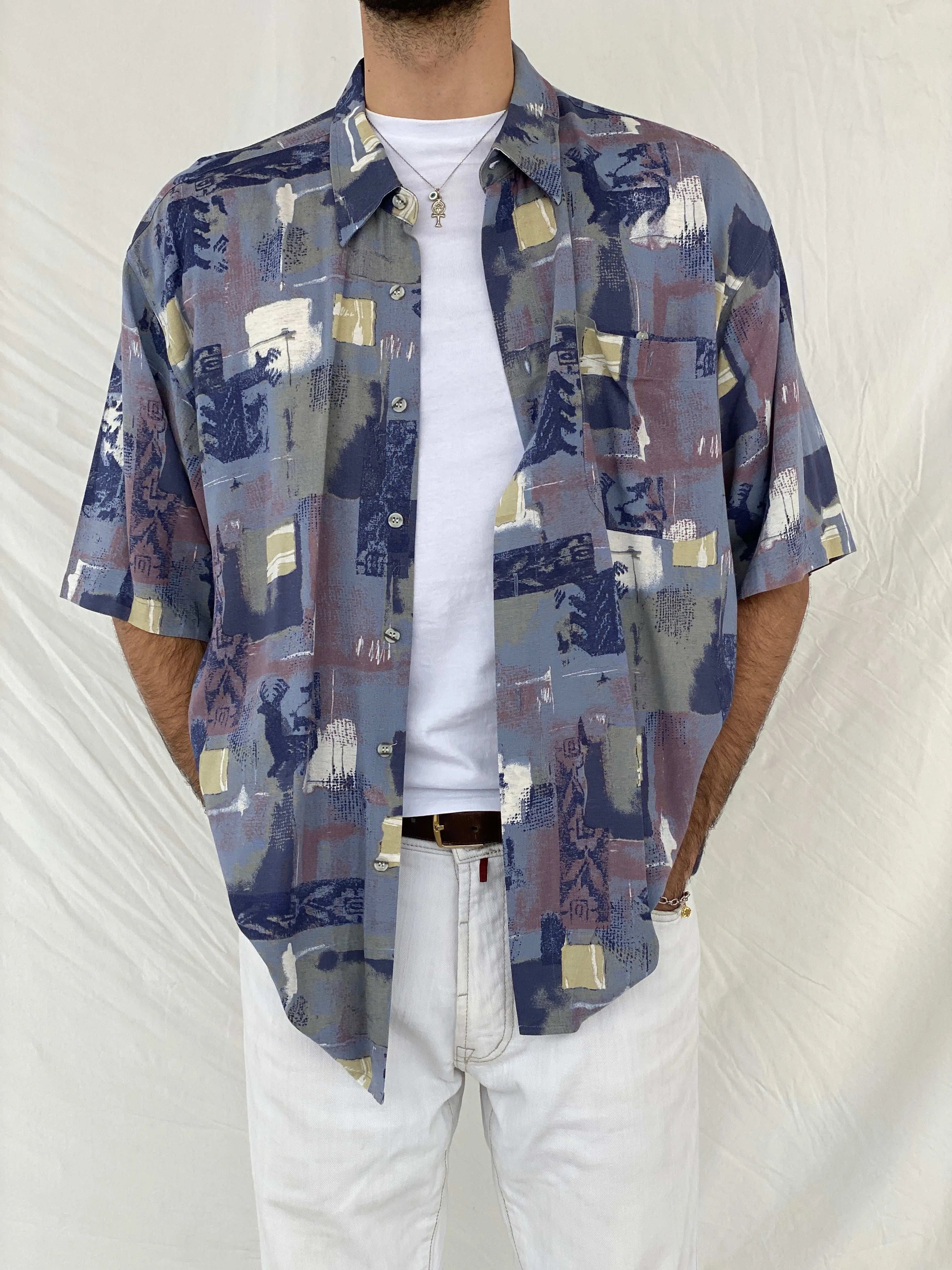 Statement Vintage Pierre Sangan Printed Blue Shirt Size 2XL - Balagan Vintage Half Sleeve Shirt 90s, Awsam, half sleeve shirt, mens shirt, printed shirt