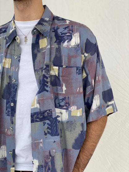 Statement Vintage Pierre Sangan Printed Blue Shirt Size 2XL - Balagan Vintage Half Sleeve Shirt 90s, Awsam, half sleeve shirt, mens shirt, printed shirt