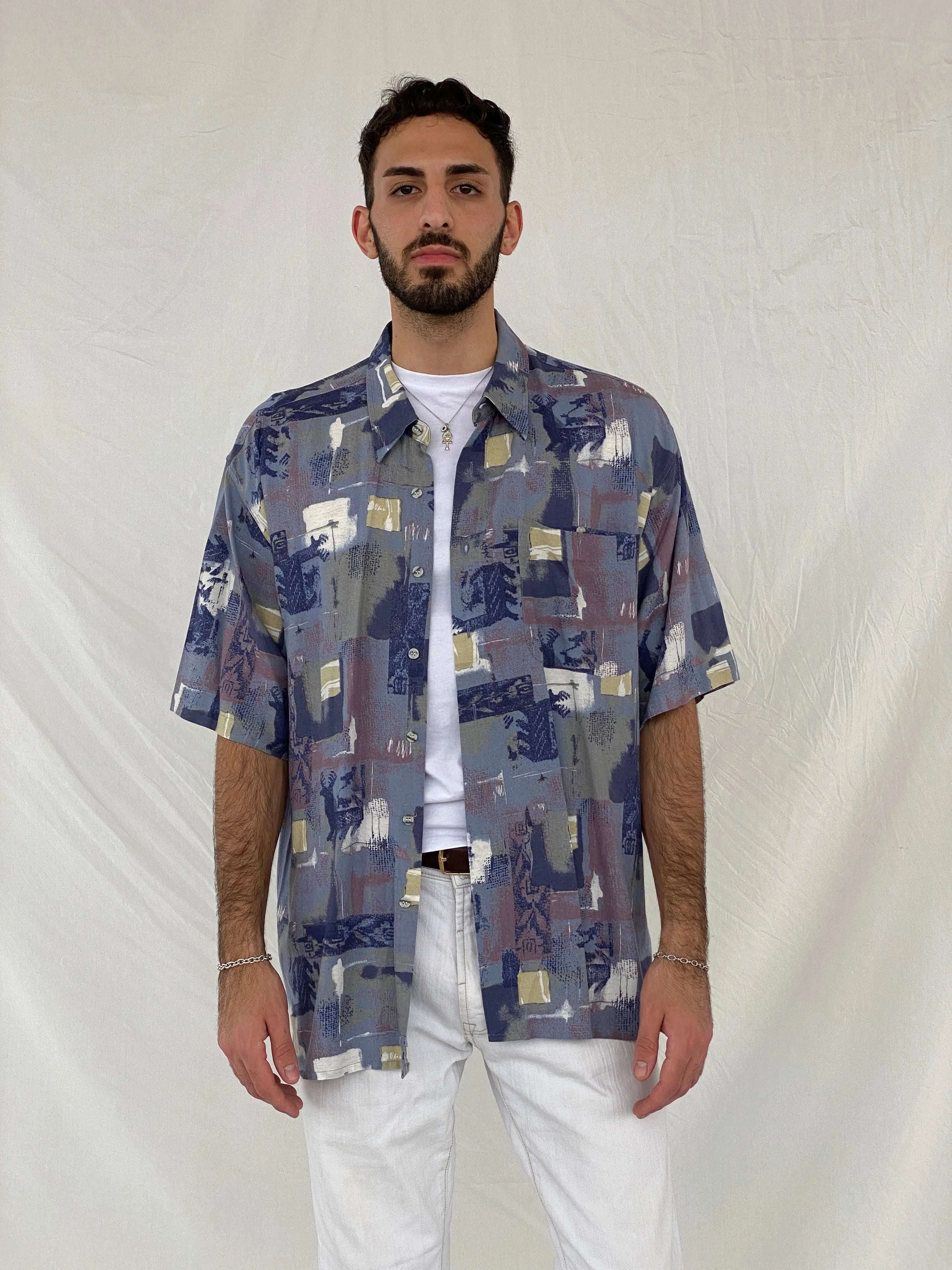 Statement Vintage Pierre Sangan Printed Blue Shirt Size 2XL - Balagan Vintage Half Sleeve Shirt 90s, Awsam, half sleeve shirt, mens shirt, printed shirt