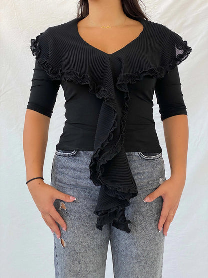 Statement Vintage White Bird Ruffled Collar Black Top - M - Balagan Vintage Full Sleeve Top 90s, full sleeve top, Lana, women top
