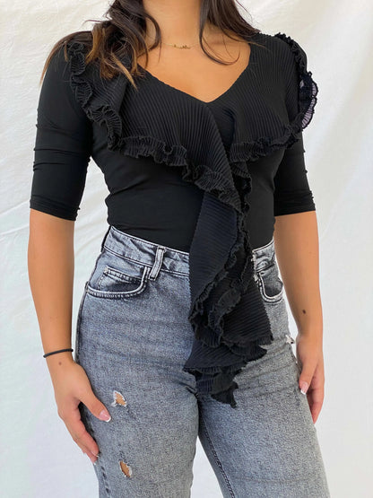 Statement Vintage White Bird Ruffled Collar Black Top - M - Balagan Vintage Full Sleeve Top 90s, full sleeve top, Lana, women top