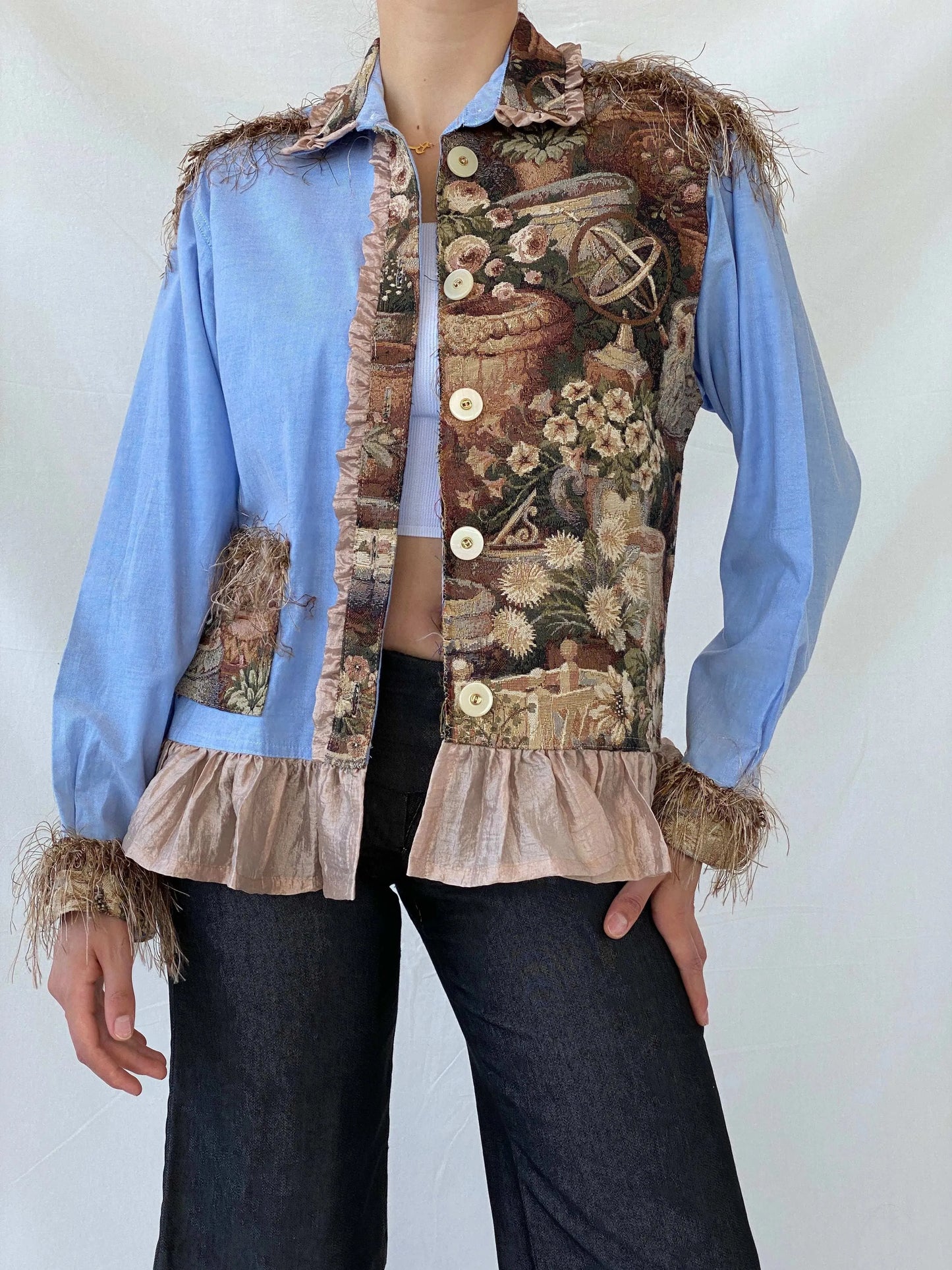 Statement Wrangler Blue Tapestery Patchwork Women’s Shirt - M - Balagan Vintage Full Sleeve Shirt 00s, full sleeve shirt, Mira, winter, women shirt, women top, wrangler, wrangler shirt