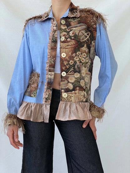 Statement Wrangler Blue Tapestery Patchwork Women’s Shirt - M - Balagan Vintage Full Sleeve Shirt 00s, full sleeve shirt, Mira, winter, women shirt, women top, wrangler, wrangler shirt