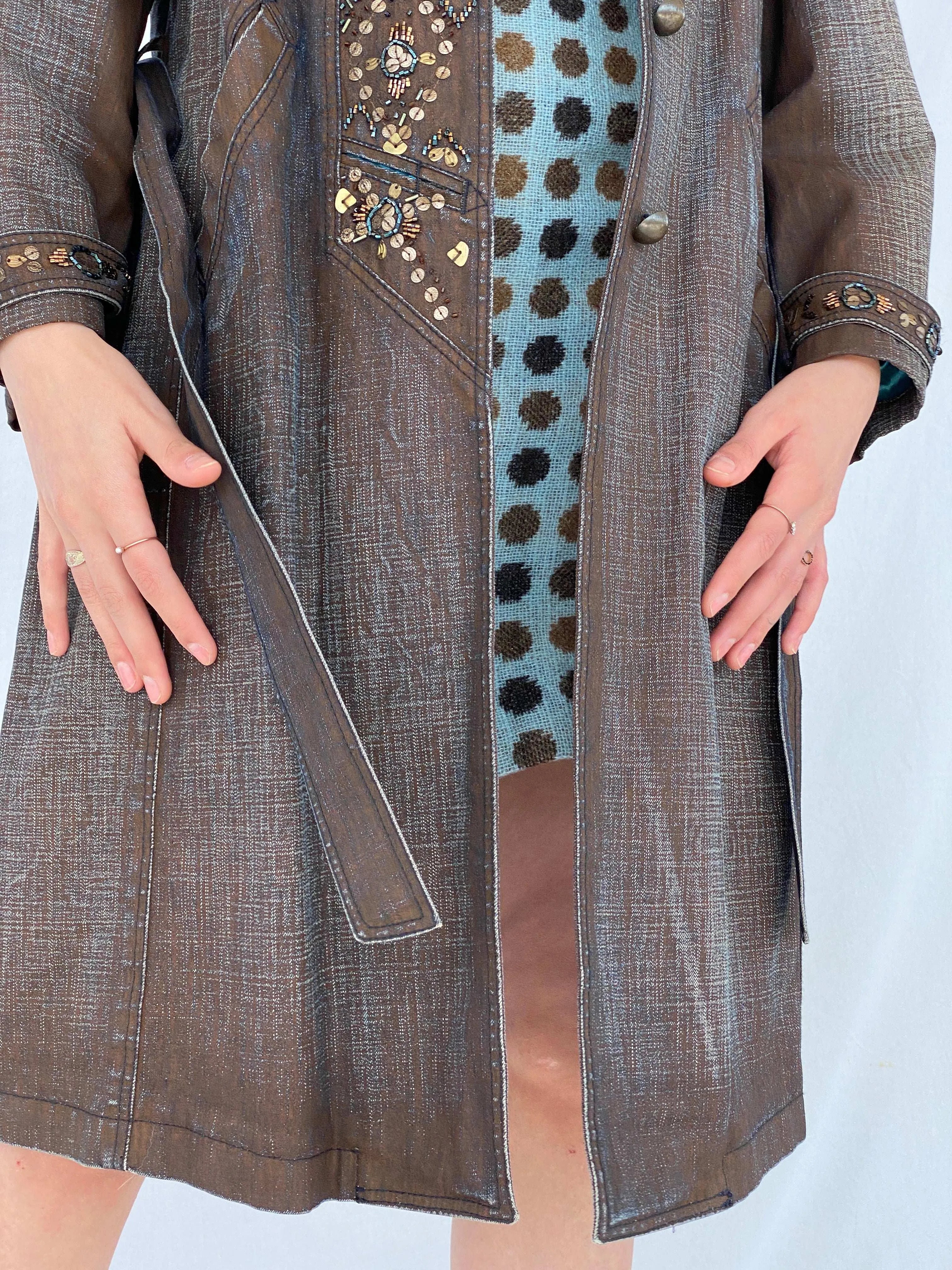 Statement Y2K Gala-Xi Distressed Brown Denim Coat - Size Large - Balagan Vintage Denim Coat 00s, coat, Coats&Jackets, colored denim, denim, Mira, vintage coat, Women's Coats, Women's Denim Jackets
