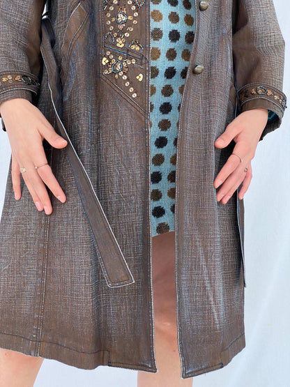 Statement Y2K Gala-Xi Distressed Brown Denim Coat - Size Large - Balagan Vintage Denim Coat 00s, coat, Coats&Jackets, colored denim, denim, Mira, vintage coat, Women's Coats, Women's Denim Jackets