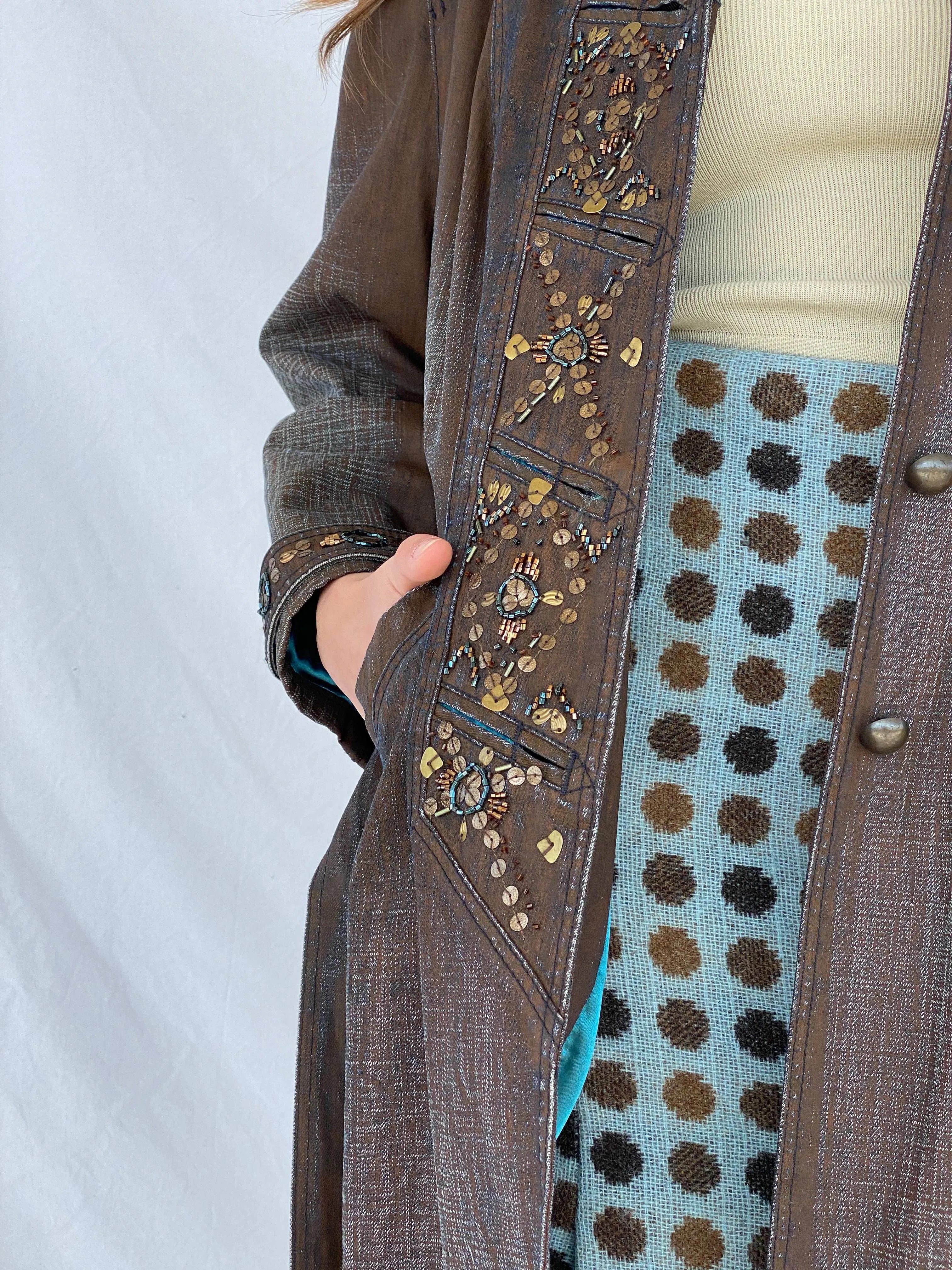 Statement Y2K Gala-Xi Distressed Brown Denim Coat - Size Large - Balagan Vintage Denim Coat 00s, coat, Coats&Jackets, colored denim, denim, Mira, vintage coat, Women's Coats, Women's Denim Jackets