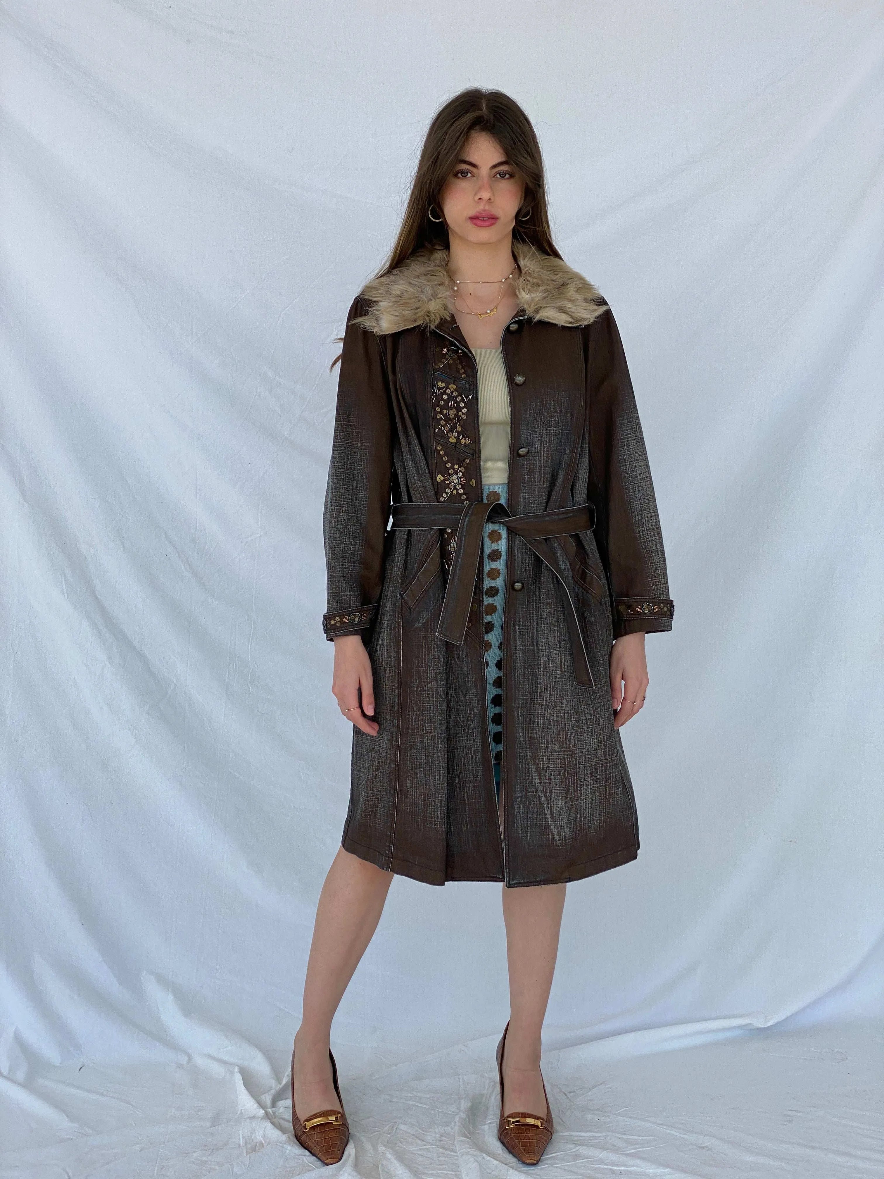 Statement Y2K Gala-Xi Distressed Brown Denim Coat - Size Large - Balagan Vintage Denim Coat 00s, coat, Coats&Jackets, colored denim, denim, Mira, vintage coat, Women's Coats, Women's Denim Jackets
