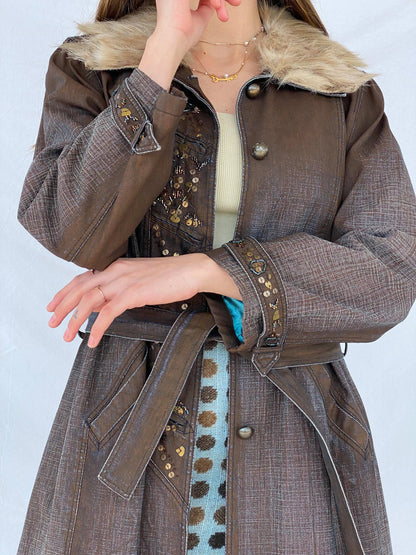 Statement Y2K Gala-Xi Distressed Brown Denim Coat - Size Large - Balagan Vintage Denim Coat 00s, coat, Coats&Jackets, colored denim, denim, Mira, vintage coat, Women's Coats, Women's Denim Jackets