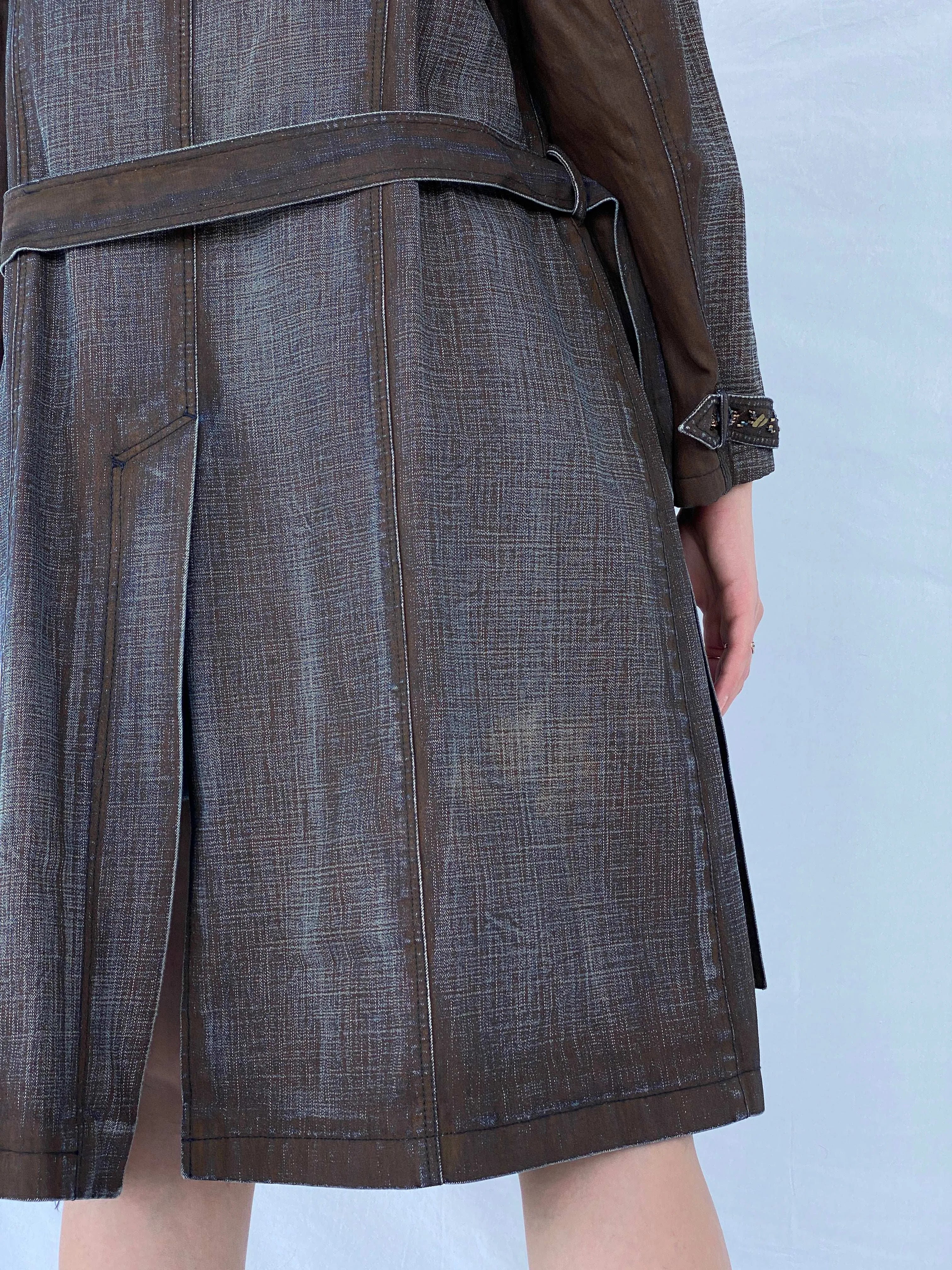 Statement Y2K Gala-Xi Distressed Brown Denim Coat - Size Large - Balagan Vintage Denim Coat 00s, coat, Coats&Jackets, colored denim, denim, Mira, vintage coat, Women's Coats, Women's Denim Jackets