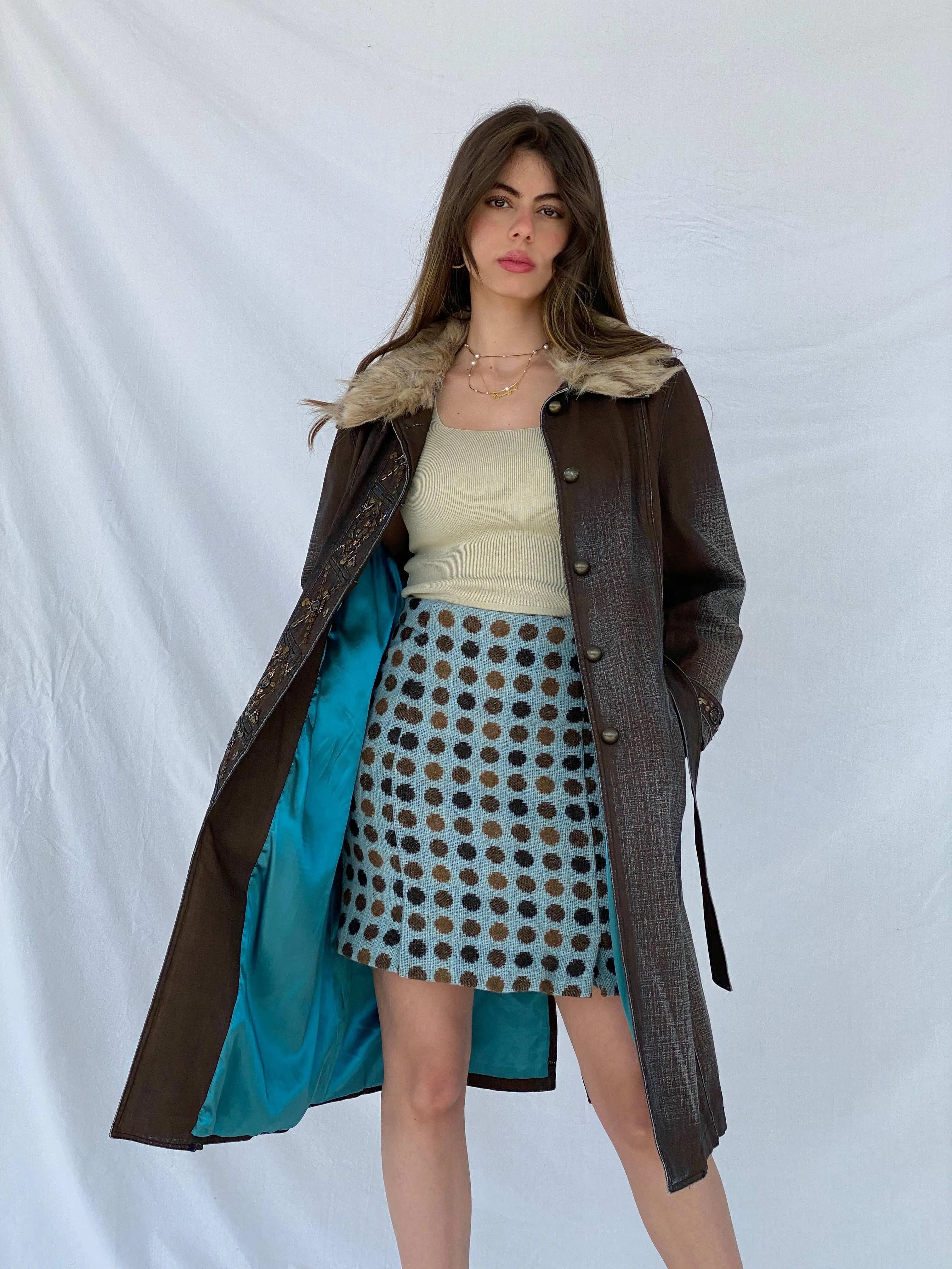 Statement Y2K Gala-Xi Distressed Brown Denim Coat - Size Large - Balagan Vintage Denim Coat 00s, coat, Coats&Jackets, colored denim, denim, Mira, vintage coat, Women's Coats, Women's Denim Jackets