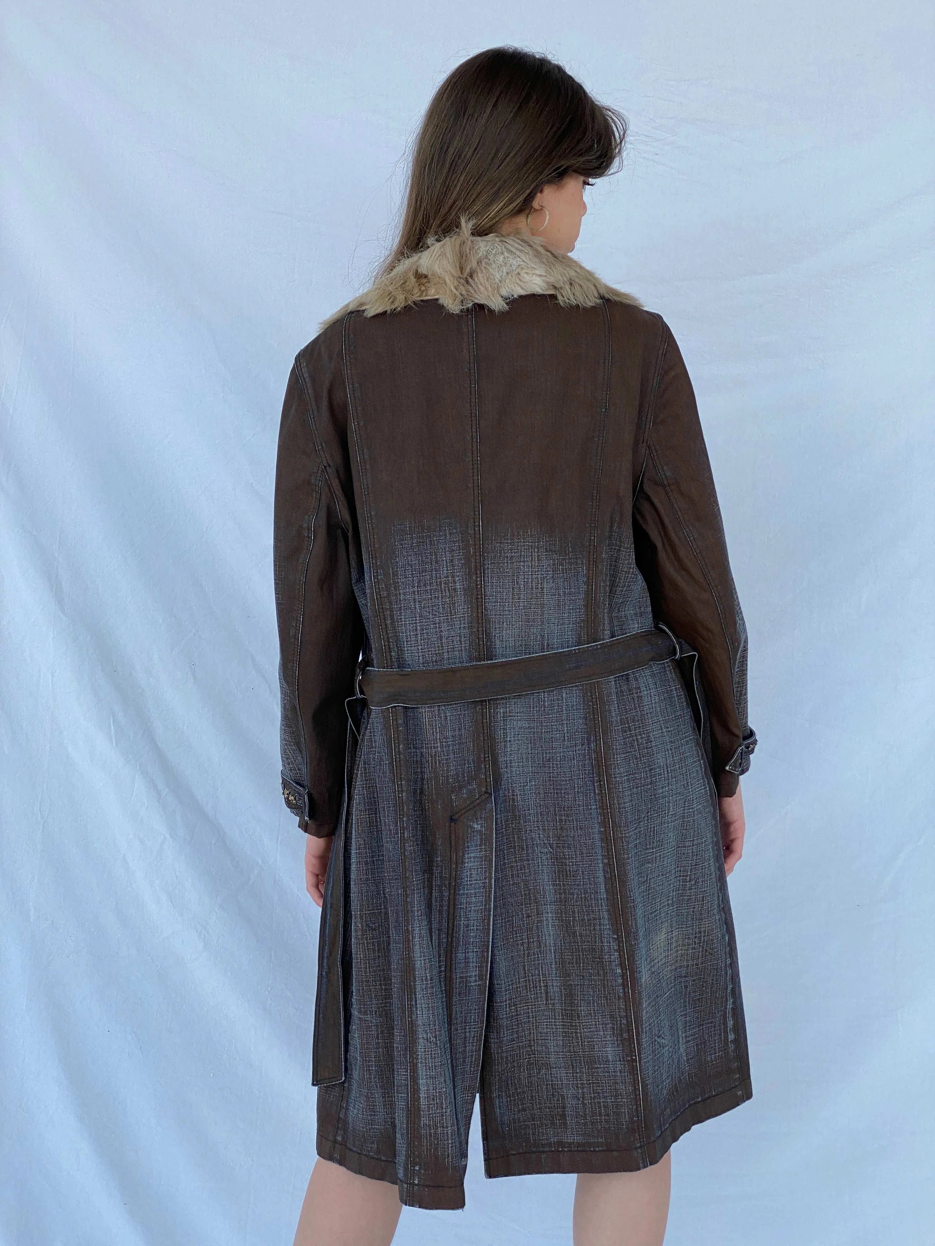 Statement Y2K Gala-Xi Distressed Brown Denim Coat - Size Large - Balagan Vintage Denim Coat 00s, coat, Coats&Jackets, colored denim, denim, Mira, vintage coat, Women's Coats, Women's Denim Jackets