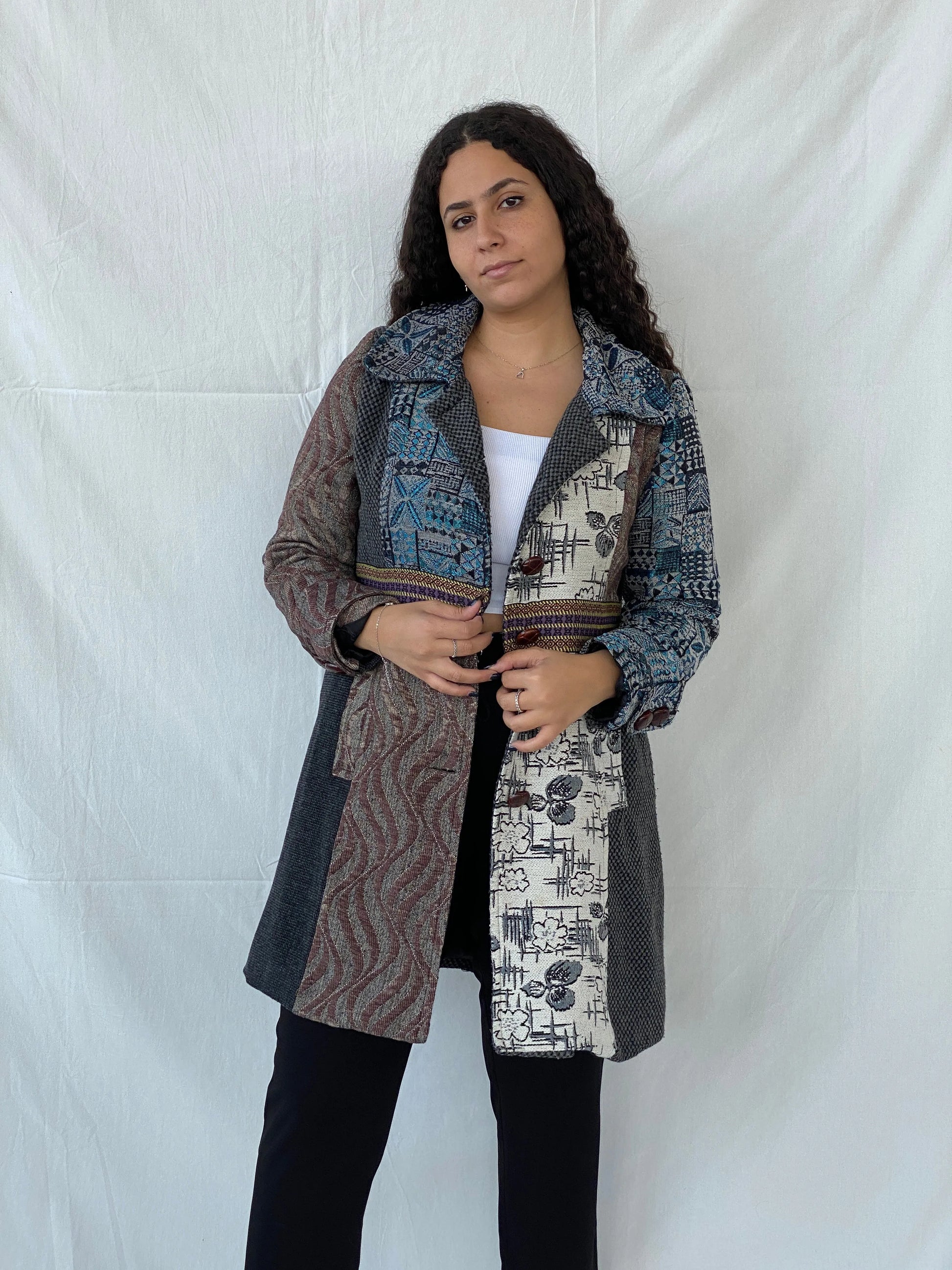 Stella Morgan Hotchpotch Jacquard Tapestry Patchwork Coat - L - Balagan Vintage Coat 00s, Dina, floral, patchwork, patchwork jacket, vintage coat