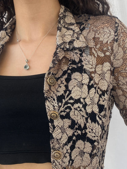 Stunning 90s Wallis Petite Gold Black Lace Long Cardigan - M - Balagan Vintage Cardigan 90s, cardigan, Celine, cotton shirt, printed shirt, women shirt
