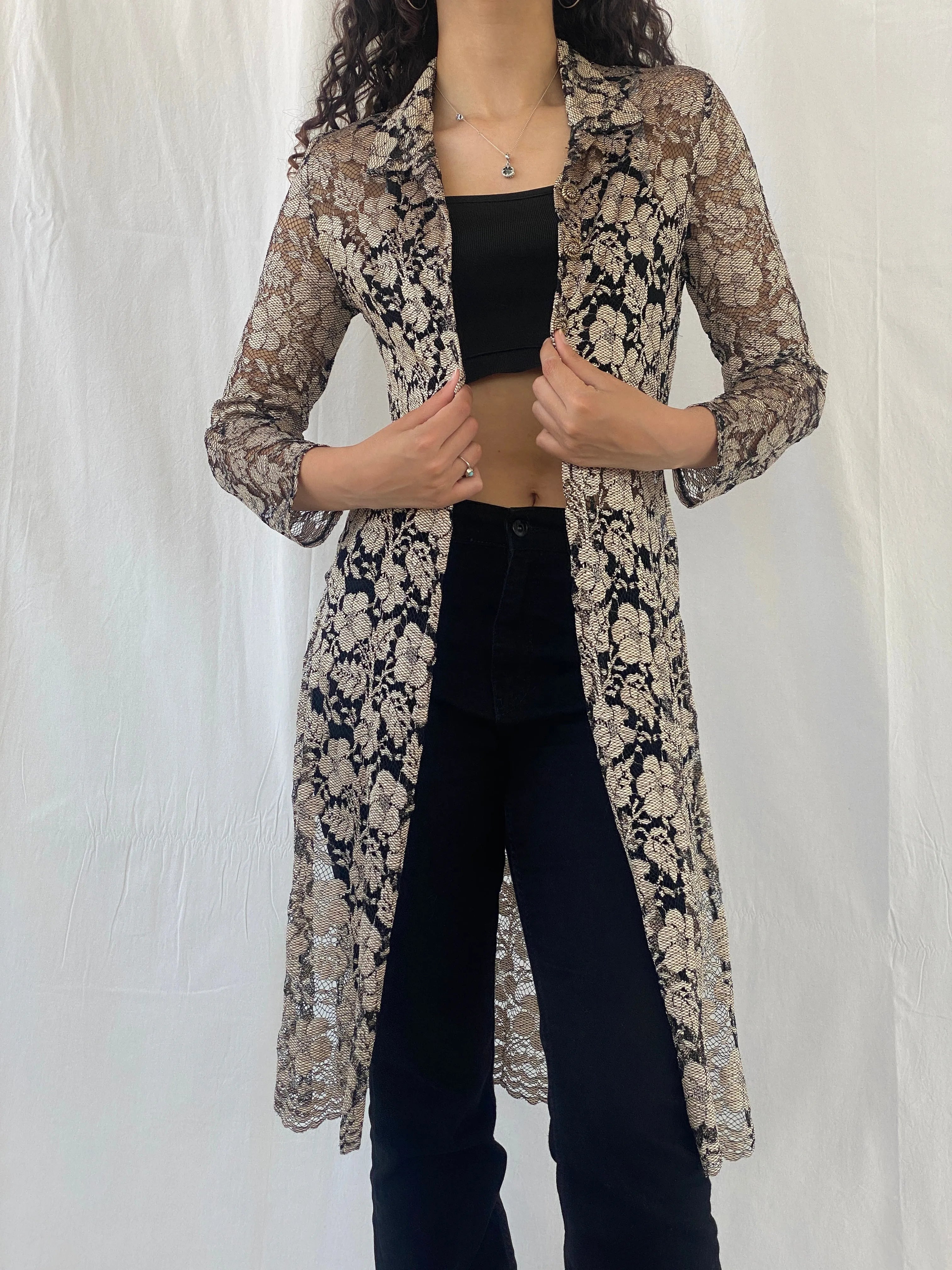 Stunning 90s Wallis Petite Gold Black Lace Long Cardigan - M - Balagan Vintage Cardigan 90s, cardigan, Celine, cotton shirt, printed shirt, women shirt