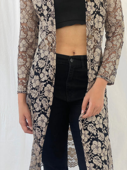 Stunning 90s Wallis Petite Gold Black Lace Long Cardigan - M - Balagan Vintage Cardigan 90s, cardigan, Celine, cotton shirt, printed shirt, women shirt