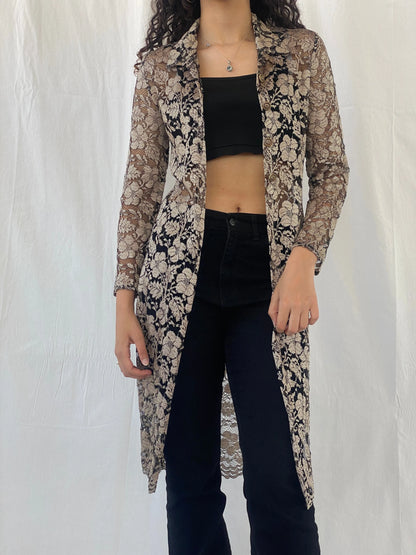 Stunning 90s Wallis Petite Gold Black Lace Long Cardigan - M - Balagan Vintage Cardigan 90s, cardigan, Celine, cotton shirt, printed shirt, women shirt