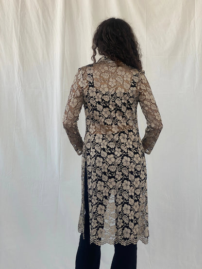 Stunning 90s Wallis Petite Gold Black Lace Long Cardigan - M - Balagan Vintage Cardigan 90s, cardigan, Celine, cotton shirt, printed shirt, women shirt